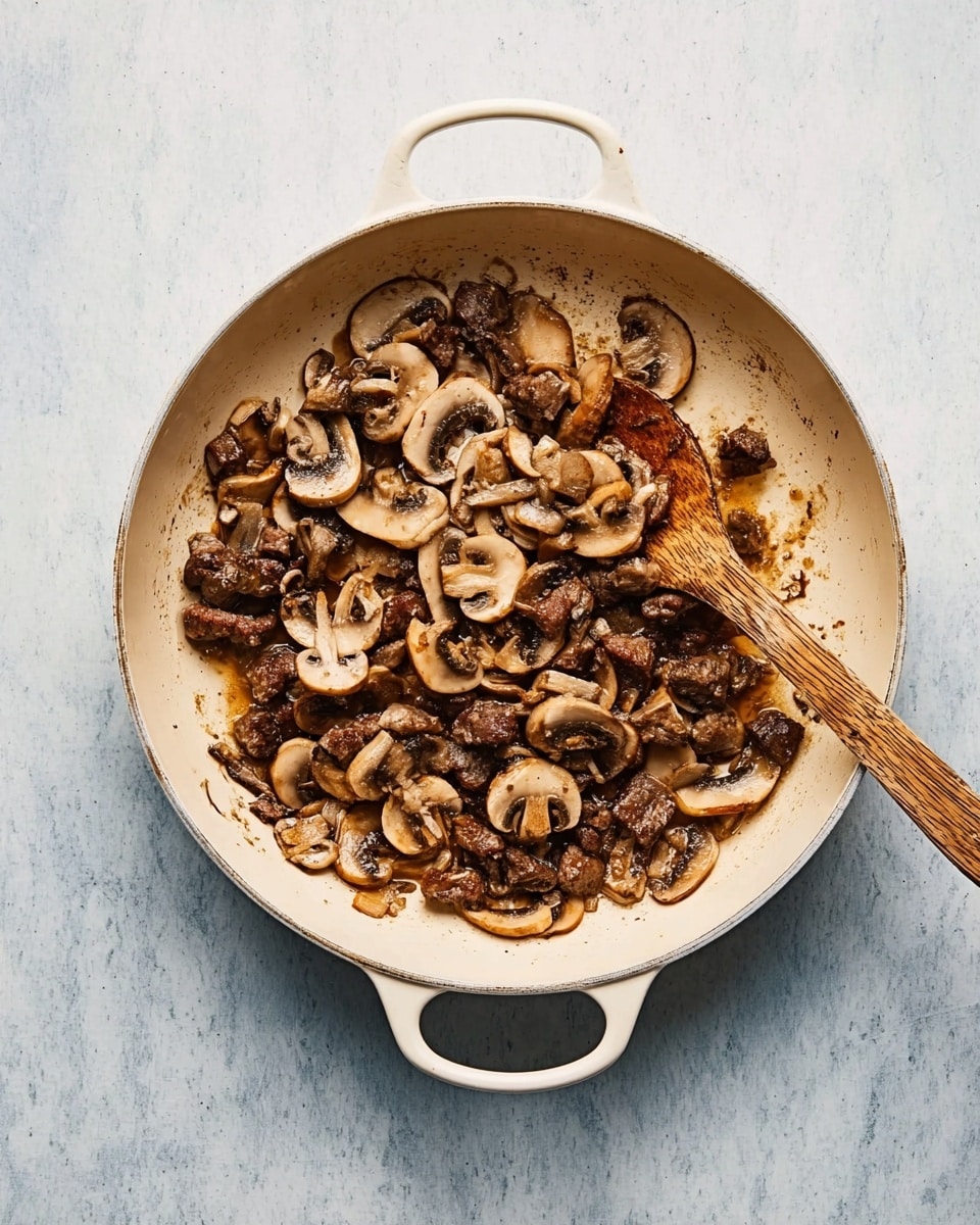The image shows a white round pan with two handles on a white marbled surface. Inside the pan, there are cooked sliced mushrooms and pieces of cooked meat, all browned and mixed evenly across the bottom. A wooden spoon lies inside the pan, resting among the mushrooms and meat, with its handle pointing to the lower right side. The pan’s inside surface shows light browning and some cooked marks. photo taken with an iphone --ar 4:5 --v 7