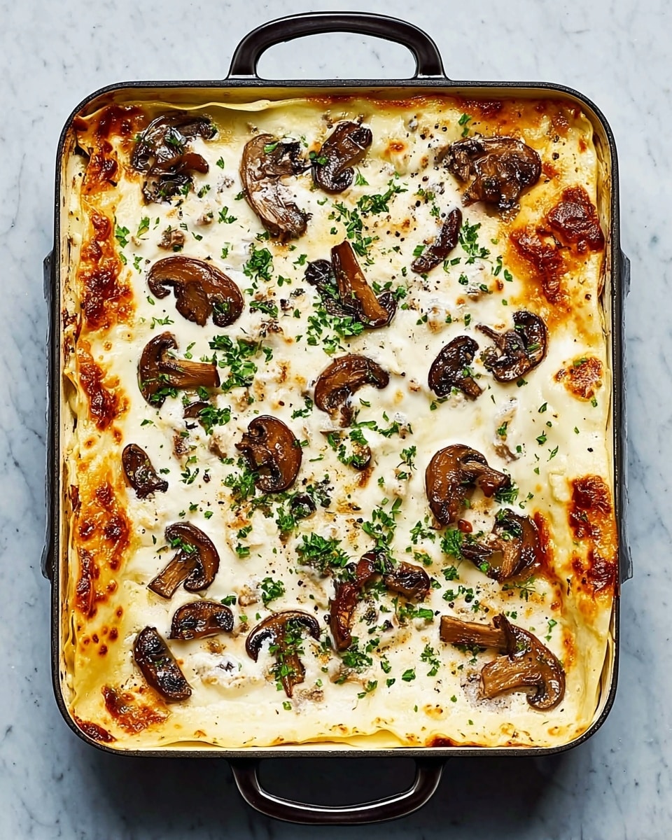 A rectangular black-handled baking dish filled with a layered lasagna sits on a white marbled surface. The top layer is creamy white cheese melted evenly, dotted with browned spots, scattered with slices of dark brown mushrooms of different shapes and sizes, and sprinkled with chopped green herbs. The edges show hints of golden sauce and soft pasta layers underneath. Photo taken with an iphone --ar 4:5 --v 7