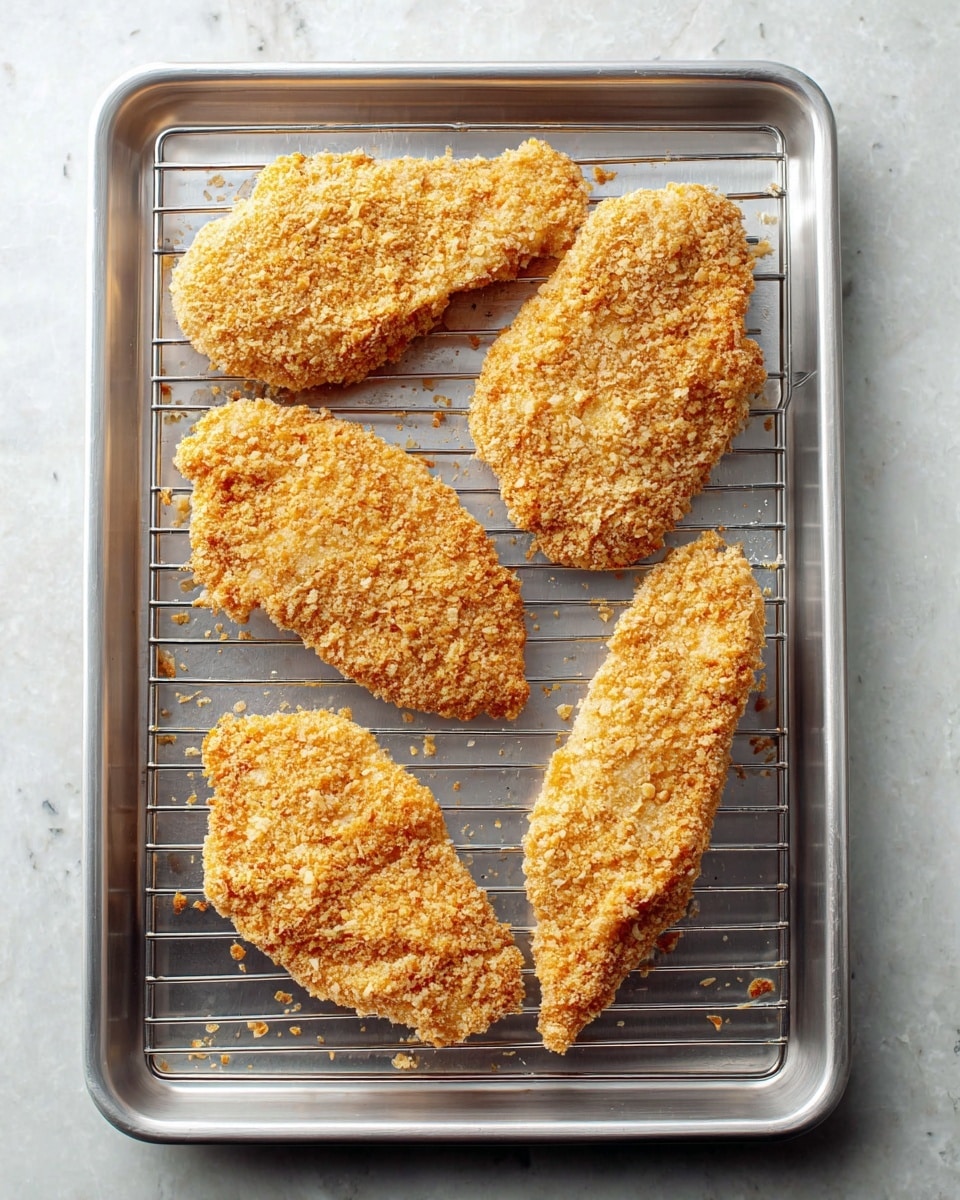 Five pieces of breaded chicken are arranged on a metal wire rack inside a silver baking tray. Each piece has a thick, crumbly, light golden-brown coating covering the entire surface. The pieces vary in shape and size, with some wider and rounded, and one long and narrow. The baking tray is placed on a white marbled textured surface, which is visible around the edges. The overall look is clean and ready for cooking, with slight crumbs scattered around the pieces. photo taken with an iphone --ar 4:5 --v 7