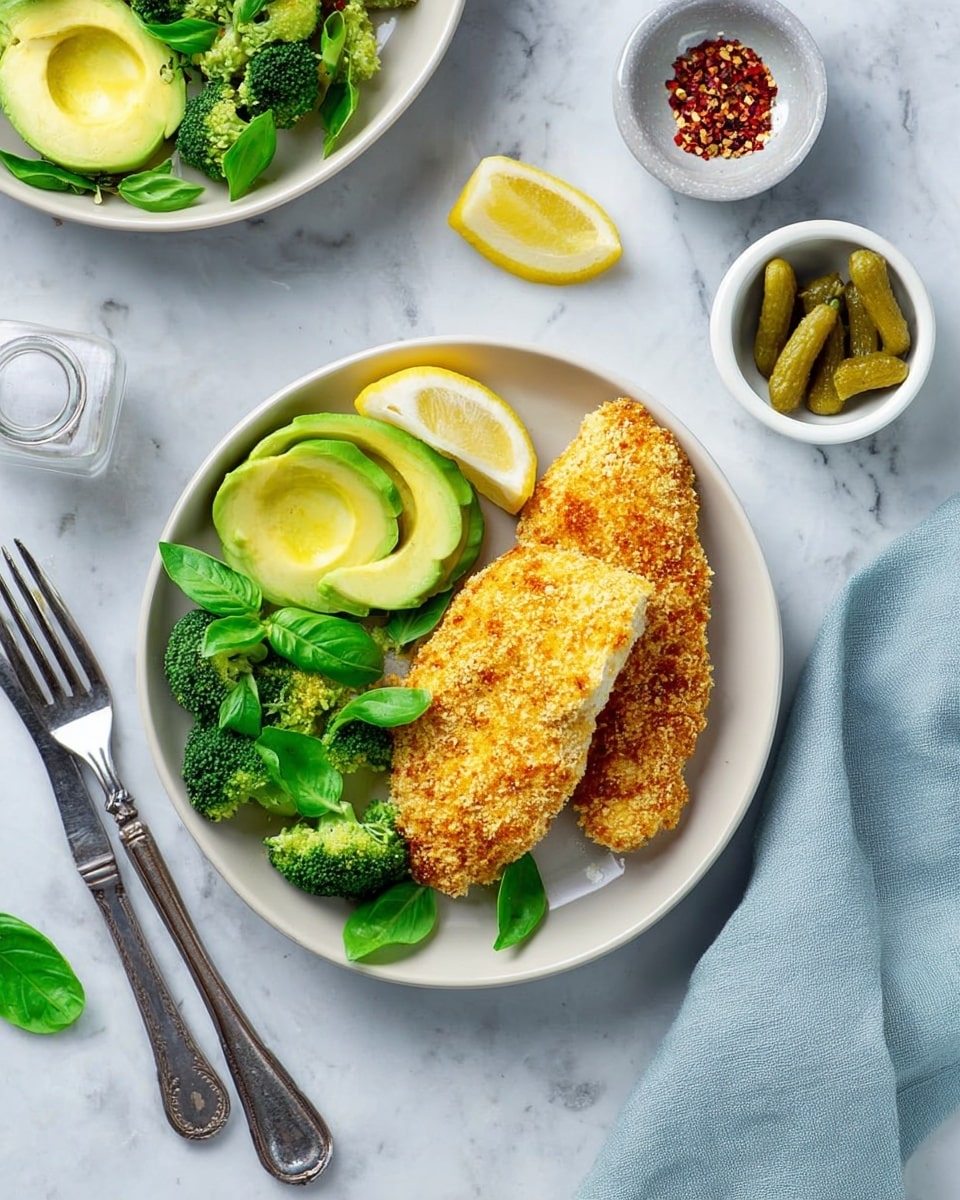 The image shows a white round plate with two golden-brown crispy coated pieces of chicken placed on the right side. To the left of the chicken, there are bright green steamed broccoli pieces and two slices of light green avocado. A bright yellow lemon wedge sits at the top left edge of the chicken. Fresh green basil leaves are placed among the broccoli. The plate is on a white marbled surface with a silver fork and knife nearby. A small white bowl with green pickle slices and a small silver bowl with red pepper flakes are also nearby. Another similar plate is placed at the top right corner, partially visible, along with a light blue cloth. Photo taken with an iphone --ar 4:5 --v 7