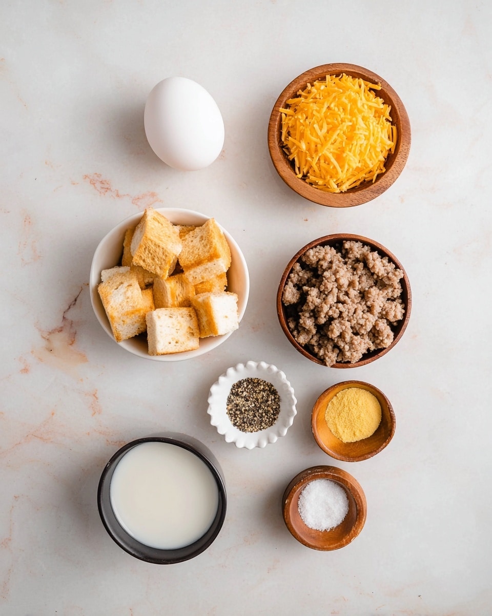 An overhead view shows seven separate small bowls and one egg arranged on a white marbled surface. Starting from the top, a plain white egg sits alone. To its right, a wooden bowl is filled with bright orange shredded cheese with a textured appearance. Below the egg, a white bowl holds small, square pieces of golden-brown toasted bread with a firm texture. Next to it, a white bowl contains cooked, crumbly ground meat in a brown shade. Below these, a small wooden bowl holds coarse black pepper, and beside it, a white scalloped bowl has a mix of two yellow powders with a fine texture. The bottom left features a black bowl with white milk, smooth and reflective, while the bottom right wooden bowl contains fine white salt. The clean white marbled surface shines softly beneath the bowls and egg, and the arrangement is neat and evenly spaced. Photo taken with an iphone --ar 4:5 --v 7
