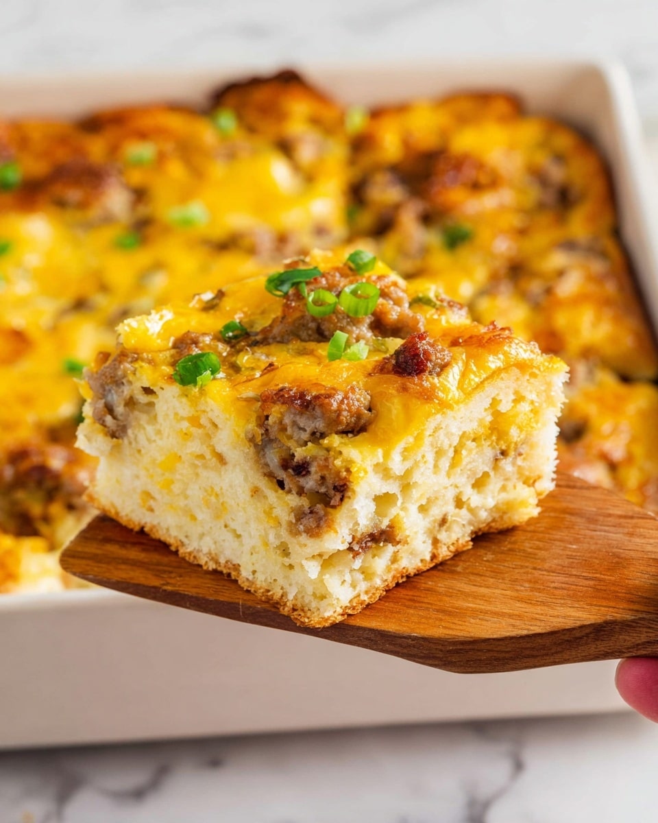 A thick slice of a baked dish held by a woman's hand on a wooden spatula shows three main layers: the bottom layer is pale and fluffy, looking soft and firm like a bread or egg base; the middle layer has small pieces of cooked meat mixed with creamy light yellow sauce; the top layer is melted golden-yellow cheese with small bits of browned meat and green onion bits scattered on top. The dish is square-shaped, with slightly browned and crispy edges visible. The background shows the rest of the dish in a white baking pan, placed on a white marbled surface. Photo taken with an iphone --ar 4:5 --v 7