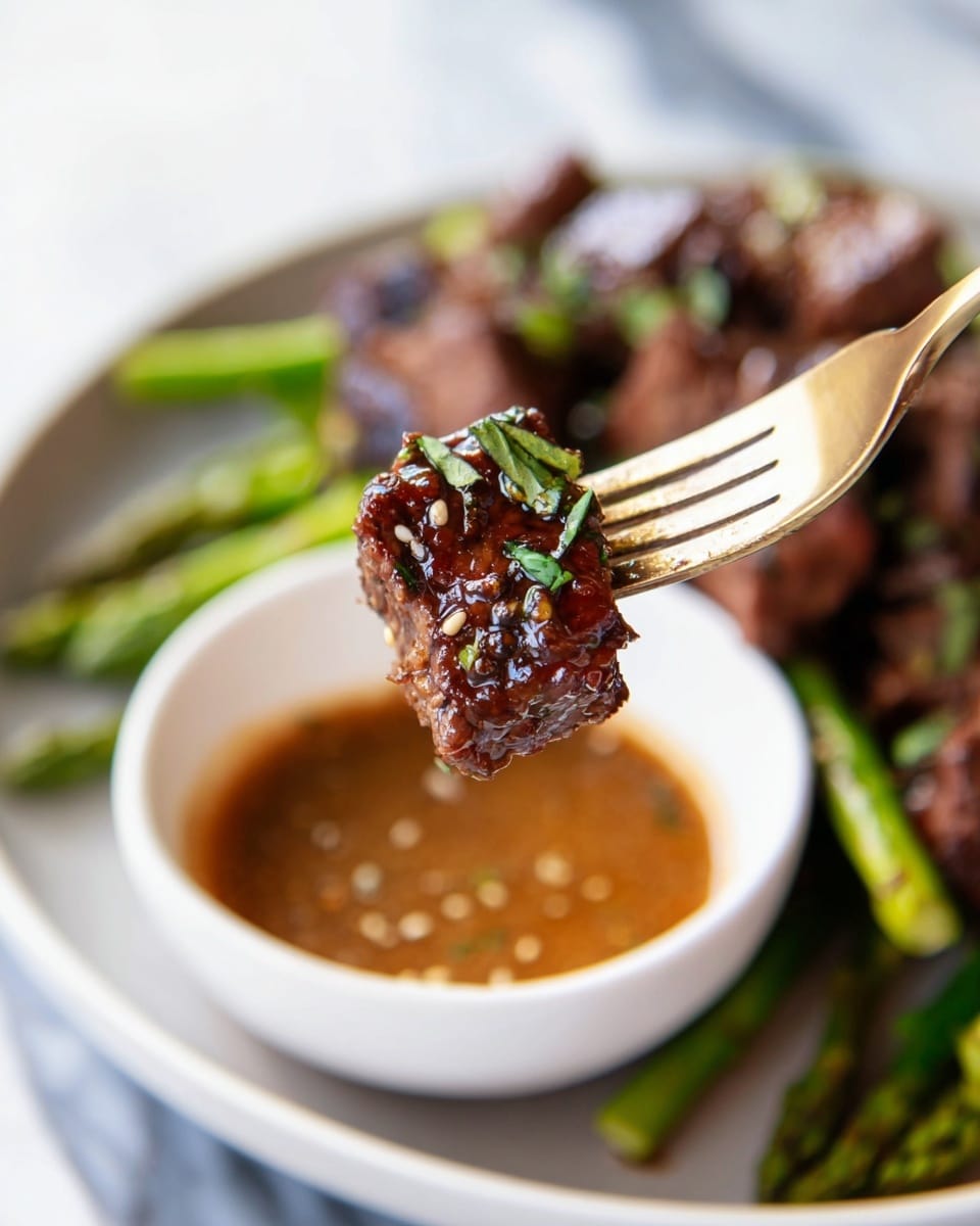 A gold fork holds a small piece of grilled beef with a dark brown glazed surface and small green herb leaves, hovering above a white bowl filled halfway with a light brown sauce containing tiny sesame seeds. In the blurry background, a white plate holds more pieces of the glazed beef with a green vegetable, likely asparagus, beside it. All is placed on a white marbled surface. Photo taken with an iphone --ar 4:5 --v 7
