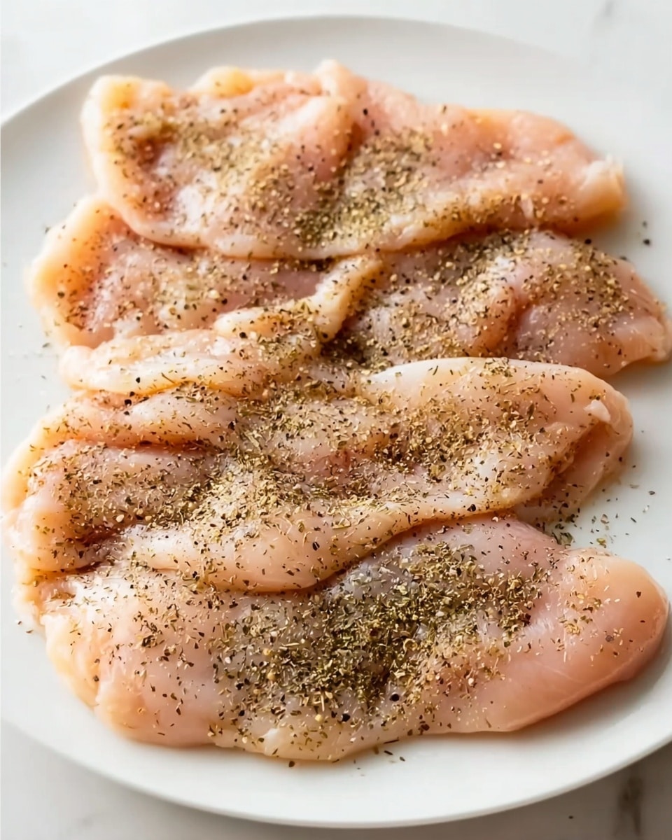 The image shows a white plate with five flattened raw chicken pieces spread out to cover most of the plate. Each piece has a pale pink color with some visible texture from the meat’s grain. All pieces are sprinkled evenly with a mixture of black pepper and dried herbs, giving a speckled look of dark green and black over the light pink chicken. The white plate sits on a white marbled surface, creating a clean and simple background. Photo taken with an iphone --ar 4:5 --v 7