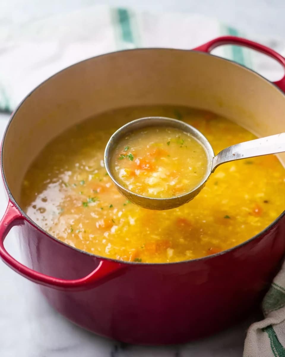 A close-up of a large red pot filled with a warm, yellow soup with small bits of orange and light yellow pieces floating inside. A metal ladle is lifting some of the soup out of the pot, showing its thick and smooth texture with soft chunks. Steam rises gently from the pot, hinting the soup is hot and fresh. The pot is set on a white marbled surface with a softly blurred white and green striped cloth nearby. Photo taken with an iphone --ar 4:5 --v 7