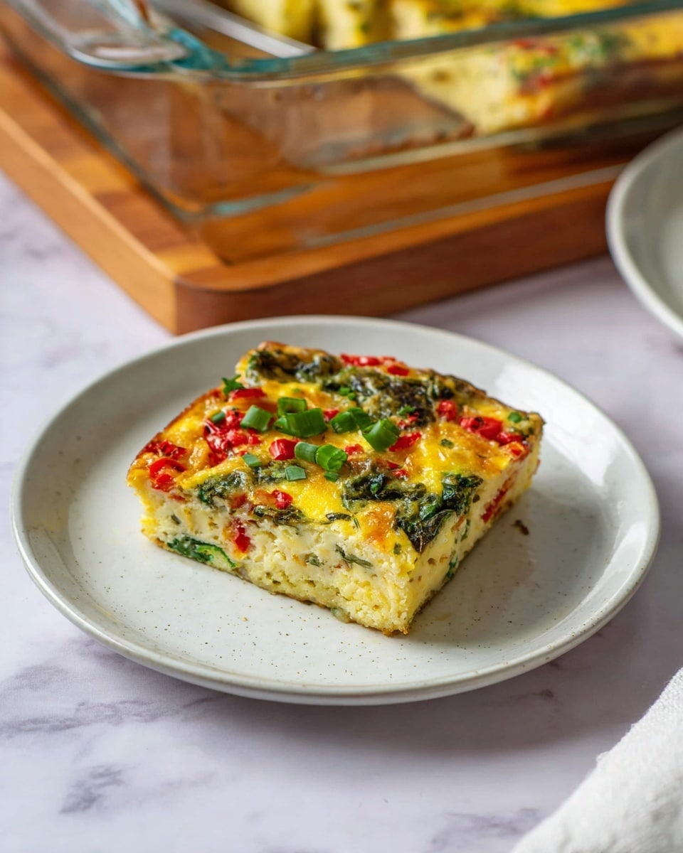 A single square piece of baked egg dish sits in the center of a white plate. The layered dish shows a yellow egg base mixed with red pepper bits and green leafy vegetables, with a slightly browned edge. It is topped with small pieces of chopped green herbs, adding a fresh touch. In the background, a glass baking dish with more of the same dish is placed on a wooden board. The setting includes a white marbled surface under soft lighting. Photo taken with an iphone --ar 4:5 --v 7