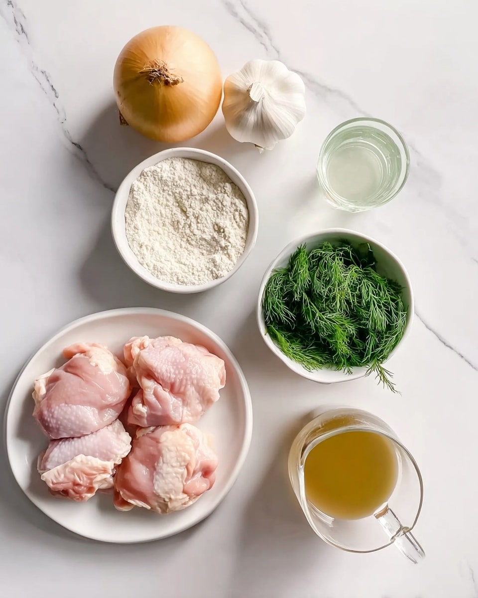 The image shows several cooking ingredients arranged neatly on a white marbled surface. On the bottom left, there is a white plate holding four pieces of raw pink chicken. To the top left, there is a whole round yellow onion and beside it a bulb of garlic. In the center, two small bowls: one filled with white flour and the other with fresh green dill leaves. To the right of these bowls, there is a small glass filled with a clear liquid and next to it, a cup with white milk. At the bottom right, a glass pitcher contains a light brown liquid, likely cooking oil. The scene is clean and bright with all elements clearly visible, photo taken with an iphone --ar 4:5 --v 7