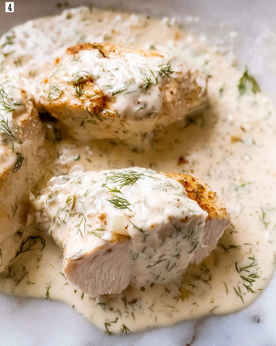 The image shows three pieces of lightly golden cooked chicken on a white marbled surface, partially covered with a thick, creamy white sauce with specks of green herbs scattered across, mainly fresh dill. The chicken pieces have a soft, slightly browned texture, and the sauce pools around and between them, creating a smooth, rich layer with visible bits of herbs throughout. The scene is close-up and focuses on texture contrasts between the tender chicken and the creamy sauce, with dill adding a fresh, delicate touch. Photo taken with an iphone --ar 4:5 --v 7