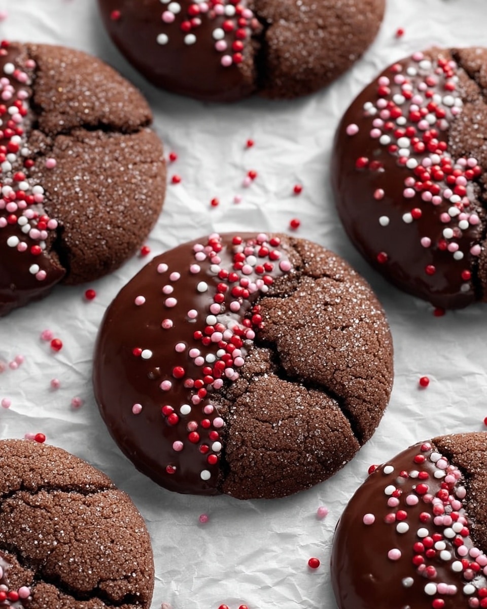 The image shows round chocolate cookies with a cracked texture and coated halfway with shiny dark chocolate, topped with small red, pink, and white round sprinkles on the chocolate half. The cookies are placed on a crinkled white paper surface that adds texture beneath them. The cookies have a rough matte side with sugar grains and a smooth glossy chocolate layer, creating a clear division between the two halves. Multiple cookies are scattered across the frame, each showing the same two-layer look. photo taken with an iphone --ar 4:5 --v 7