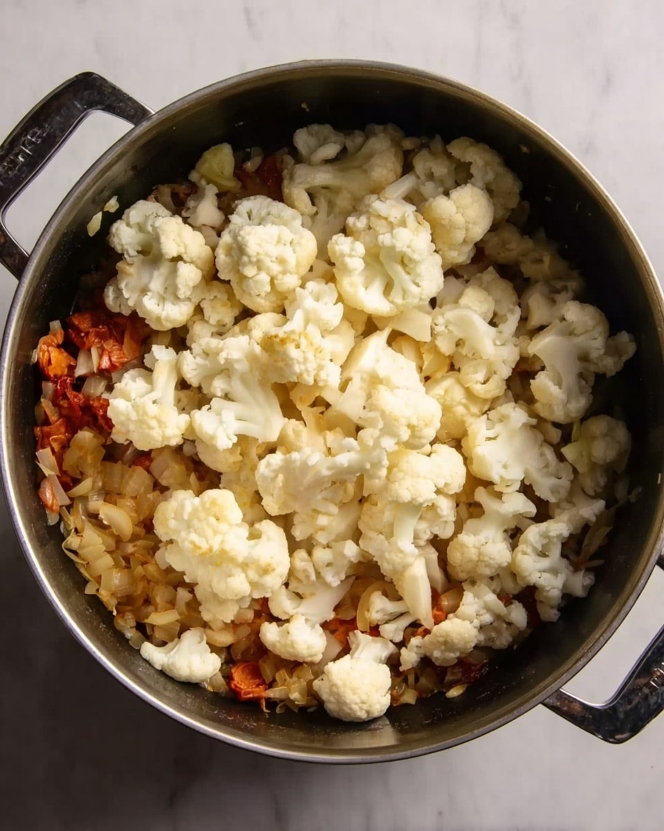 A top view of a deep pot showing a dish with three visible layers; the bottom layer is dark, with small pieces of cooked vegetables, likely onions and garlic, giving a golden-brown texture. The middle layer has a mix of small, diced ingredients in orange and red shades, suggesting chopped tomatoes or peppers. The top layer is a generous amount of fresh, white cauliflower florets spread evenly over the other layers. The pot has dark handles on a white marbled surface. photo taken with an iphone --ar 4:5 --v 7