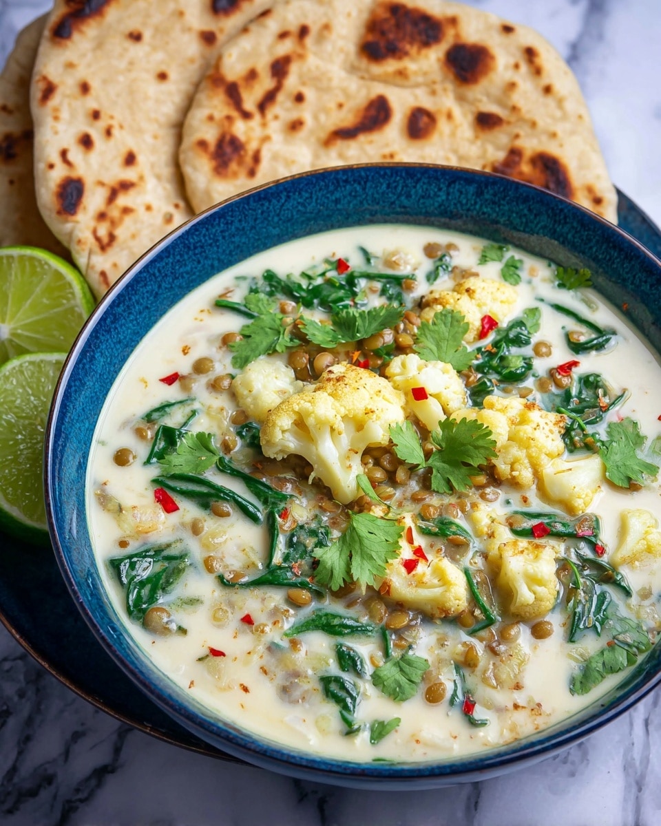 The image shows a blue bowl filled with a creamy soup that has several layers. The top layer is made up of green spinach leaves and light green cilantro leaves scattered around. Below that, pieces of light yellow cauliflower florets and greenish-brown lentils float in the creamy white broth. Small bits of white onion and tiny red chili flakes add texture and color details. Behind the bowl, two pieces of toasted flatbread with golden-brown spots rest, accompanied by a lime on the left. The whole scene is set on a surface with a white marbled texture. photo taken with an iphone --ar 4:5 --v 7