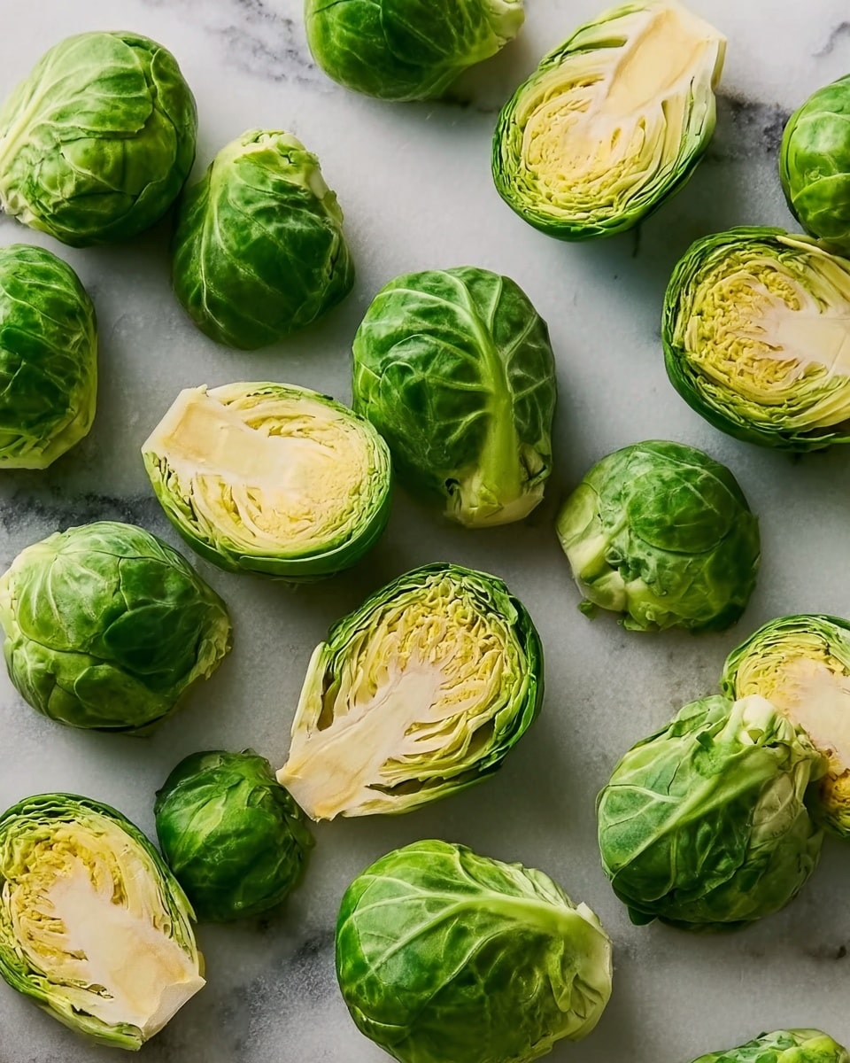 The image shows multiple Brussels sprouts on a white marbled surface, some whole and some sliced in half. The outer leaves of the whole Brussels sprouts are bright green with a smooth texture, while the sliced halves reveal a lighter green to pale yellow inside with layers of tightly packed leaves. The arrangement is scattered and casual, showing different angles and cuts to highlight the vegetable's round shape and dense structure. Photo taken with an iphone --ar 4:5 --v 7