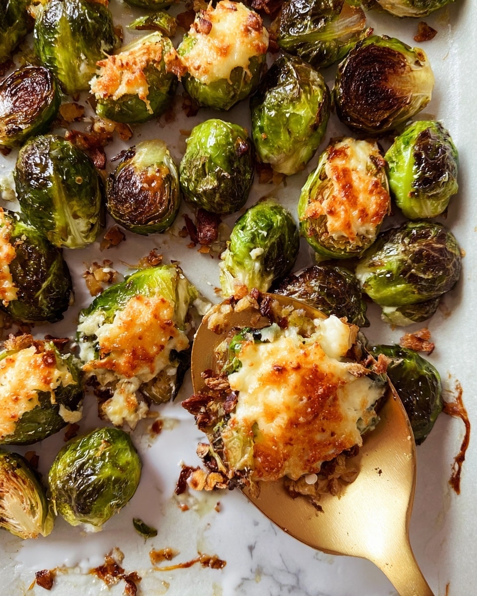 A close-up view of roasted Brussels sprouts arranged on a white marbled surface, each sprout showing a mix of bright green outer leaves and dark caramelized edges, giving a roasted texture. Scattered among the Brussels sprouts are crispy melted cheese pieces in a golden-brown color with some bubbling and slight charring. A golden spoon holds a portion of the cheese with a crispy, browned layer on top and some Brussels sprouts underneath, showing the detailed texture of the roasted vegetables and melted cheese. The whole scene has some dark sauce drizzled lightly over the sprouts, adding contrast to the green and golden tones. Photo taken with an iphone --ar 4:5 --v 7