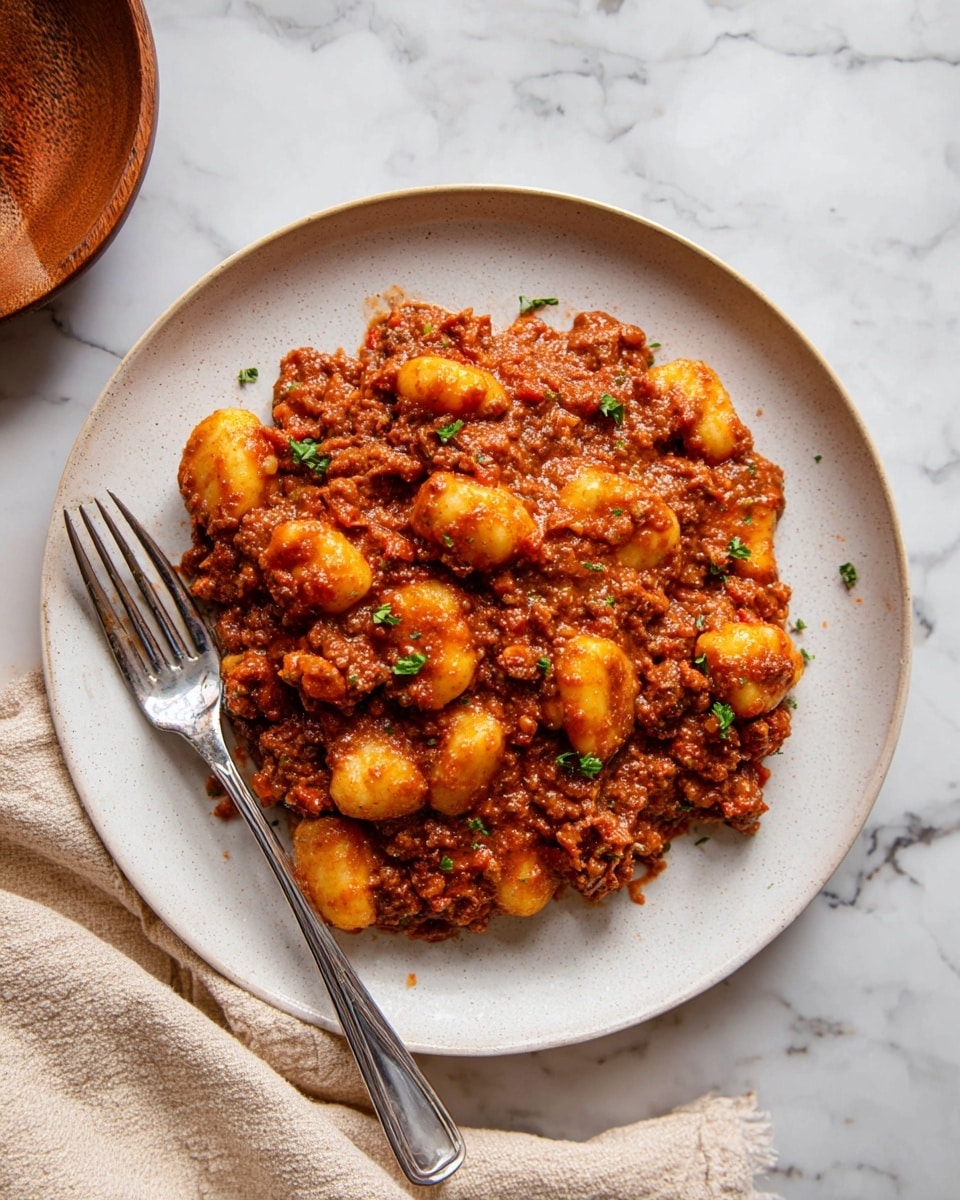 The image shows a close-up of a white plate with a single thick layer of gnocchi mixed in a rich, chunky tomato meat sauce. The sauce is a deep reddish-brown color with visible small pieces of ground meat and tomato bits, covering soft, round gnocchi pieces that are light golden yellow. There are small green herb sprinkles scattered on top adding contrast. A shiny metal fork rests on the left side of the plate, which sits on a white marbled surface with a light beige cloth napkin partially visible at the bottom. Photo taken with an iphone --ar 4:5 --v 7