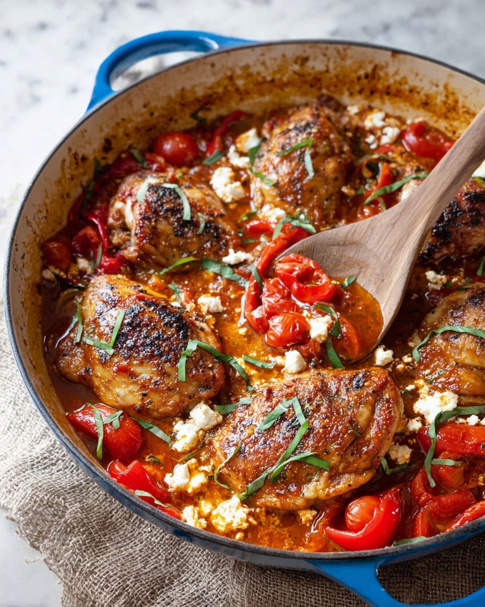 The image shows a white pan with blue handles filled with four browned chicken pieces. The chicken sits on a rich, orange-red sauce mixed with red bell pepper slices and halved cherry tomatoes. There are small white chunks of cheese sprinkled around, and thin green strips of fresh herbs scattered on top. A wooden spoon is resting in the pan, scooping some sauce and peppers. The pan is placed on a rough cloth over a white marbled surface. Photo taken with an iphone --ar 4:5 --v 7
