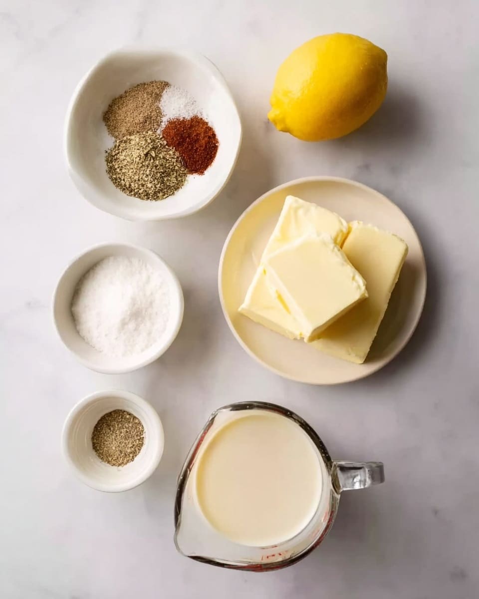 The image shows six ingredients placed neatly on a white marbled surface. At the top right, there is a whole bright yellow lemon. Just above the lemon, a small white bowl holds a heap of white salt with a smooth texture. To the left of the lemon, a white bowl filled with a mix of brown and green spices sits, showing a rough, coarse texture. Below this spice bowl, another white bowl contains fine white powder. To the right of this bowl, a white plate holds several large chunks of pale yellow butter stacked unevenly. Finally, at the bottom right corner, a large glass measuring jug is filled with creamy white liquid, reflecting light softly. All items are arranged with some space between each, on the clean marbled surface, photo taken with an iphone --ar 4:5 --v 7