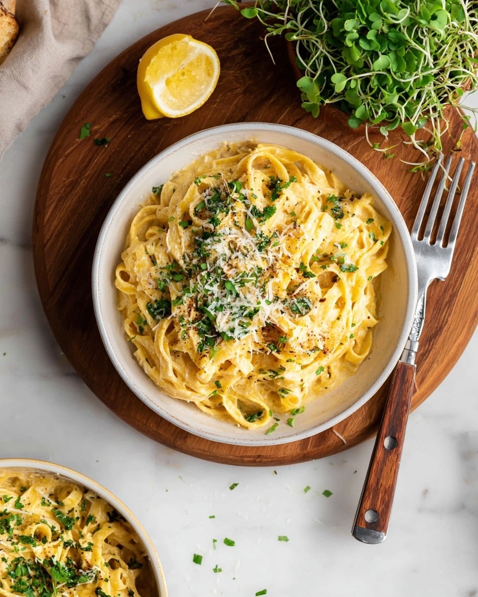 The image shows a white bowl filled with creamy yellow fettuccine pasta mixed in a rich sauce, topped with a sprinkle of white grated cheese and green chopped herbs. On the left side of the bowl, there is a small bunch of fresh green microgreens and a half lemon with a pale yellow inside. The bowl rests on a round wooden board placed on a white marbled surface. To the right of the bowl, there is a fork with a silver head and a brown wooden handle. In the lower-left corner, part of a white bowl with a similar creamy pasta and sprinkled herbs is visible. Photo taken with an iphone --ar 4:5 --v 7