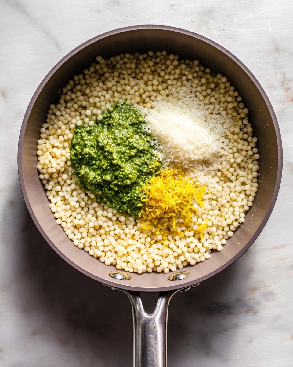 A grey cooking pan is filled with small round cooked pearl couscous, covering the whole bottom layer. On top of the couscous, three separate piles sit near the center: a bright green pesto with a slightly coarse texture on the left, a mound of finely grated white cheese on the right, and a small pile of fresh yellow lemon zest below the pesto. The pan is placed on a white marbled surface, and the handle of the pan points downward. photo taken with an iphone --ar 4:5 --v 7