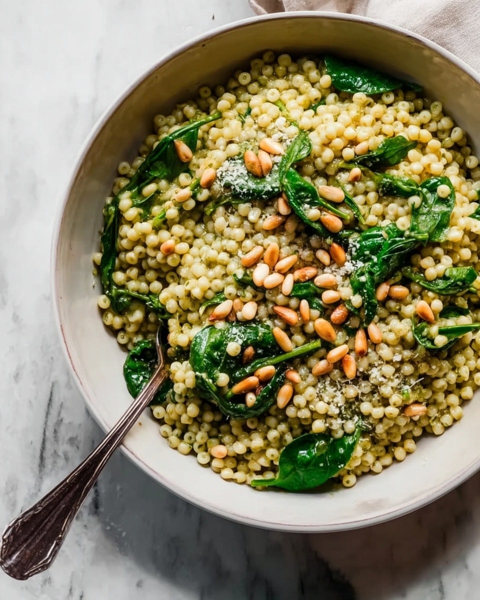 The image shows a white bowl filled with small, round green pasta-like grains mixed with fresh green spinach leaves and sprinkled with light tan pine nuts on top. The grains have a slightly uneven texture, looking fluffy and soft. There is a dark metal spoon partially inserted into the bowl from the front, resting on the food. The bowl is set on a white marbled surface, with some light shadows adding depth. The overall color scheme is green and white with natural, fresh tones. Photo taken with an iphone --ar 4:5 --v 7
