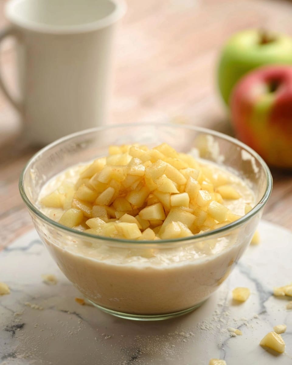 A clear glass bowl contains two layers: the bottom layer is a smooth, pale beige batter, and the top layer is a mound of small, diced apple pieces that are light yellow with a slightly brown tint around some edges. The bowl sits on a white marbled surface with a white cup and a blurred green and red apple in the background. The image is softly lit and has a cozy feeling. photo taken with an iphone --ar 4:5 --v 7