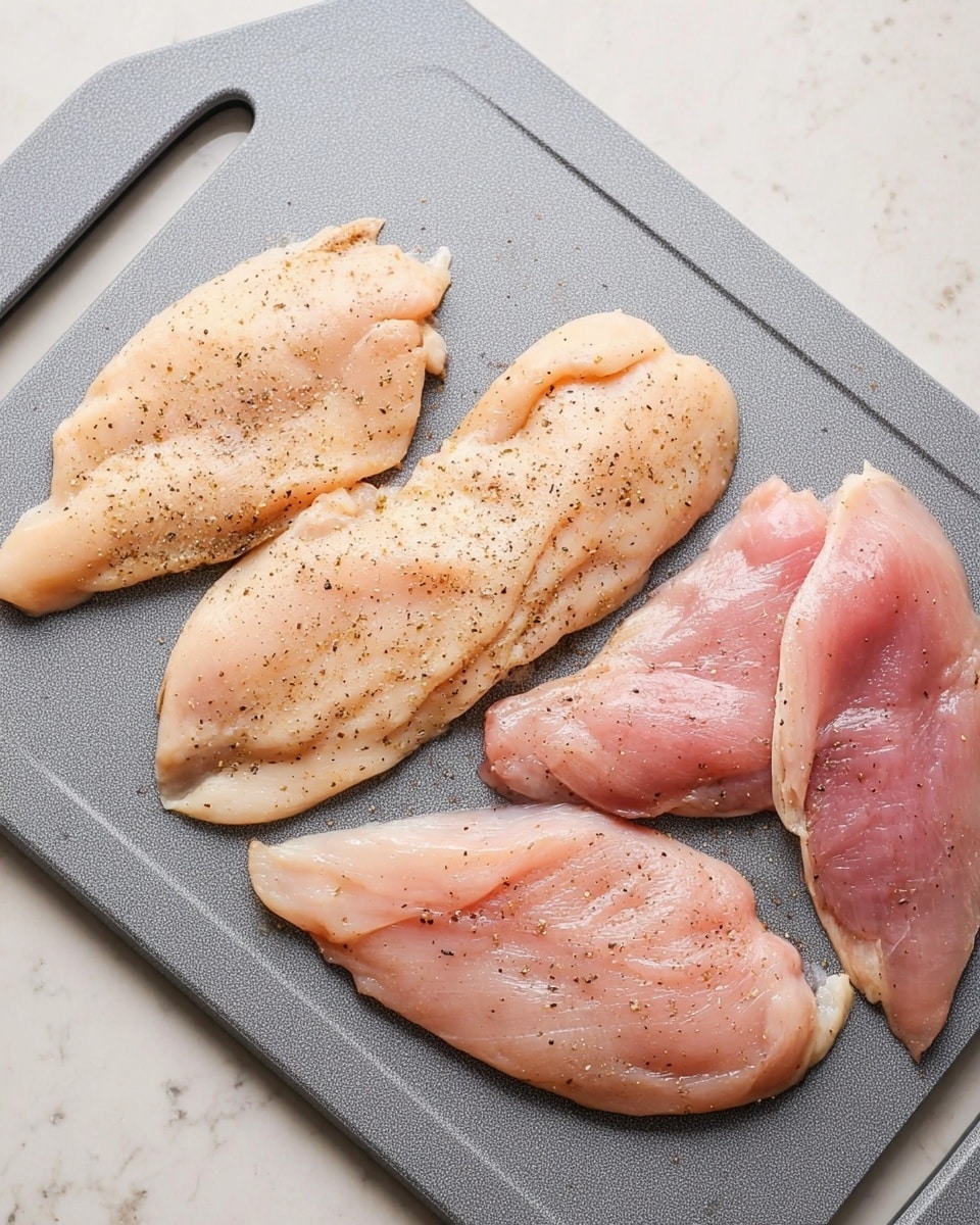 The image shows four raw chicken slices arranged on a gray cutting board with a handle on the left side. The two chicken slices on the left are lighter in color with a pale pink and beige tone, while the two slices on the right are slightly darker pink with a bit of shine. All slices have some black pepper sprinkled on top. The surface under the cutting board is a white marbled texture photo taken with an iphone --ar 4:5 --v 7