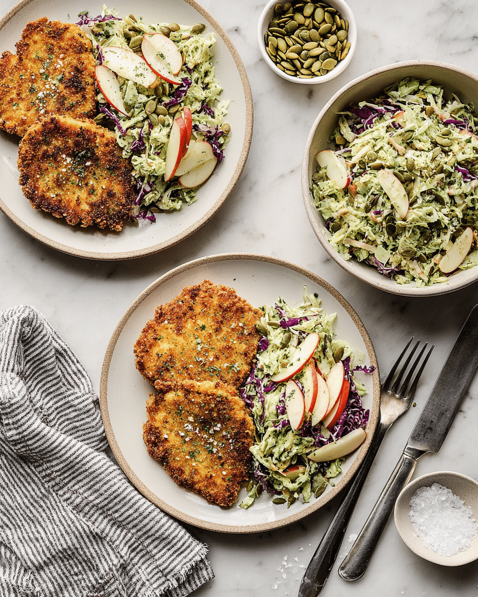 Two white plates sit on a white marbled surface, each with a golden brown crispy fried cutlet on the left side and a colorful pile of slaw on the right, featuring shredded green cabbage, thin red apple slices, purple cabbage, and light green pieces, all mixed with a creamy dressing. The cutlets have a rough, crunchy texture and are sprinkled lightly with herbs and coarse salt. Next to the plates are small white bowls, one with green pumpkin seeds and another with coarse salt. A large white bowl filled with the slaw and a spoon is partially visible on the left side. A striped cloth napkin with knives and forks is placed on the bottom right corner. Photo taken with an iphone --ar 4:5 --v 7