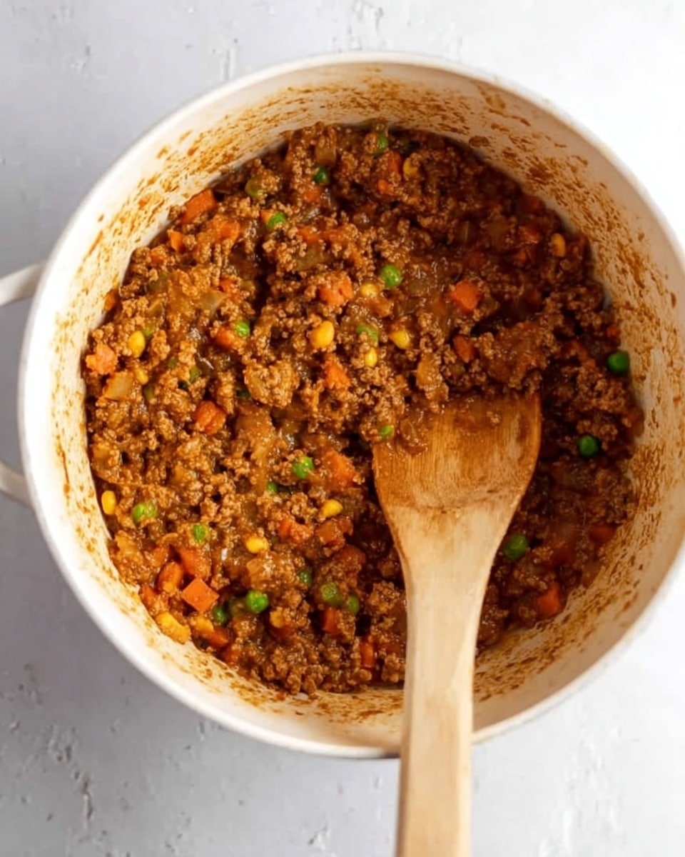 The image shows a white pot filled with a cooked mixture that looks like ground meat and small vegetables. The mixture has visible colors of brown from the meat, orange from small carrot pieces or corn, and green from peas or other small vegetables. The food has a crumbly and slightly wet texture, mixing evenly in the pot. Inside the pot, a wooden spoon is placed with its handle leaning to the right side, showing signs of stirring. The pot is set on a white marbled surface with some sauce splashes around the edges of the pot. photo taken with an iphone --ar 4:5 --v 7