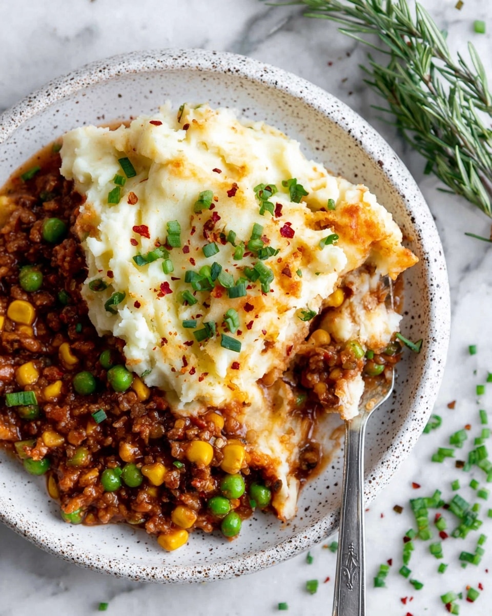 The dish is served on a white speckled plate showing two main layers: the bottom layer is a thick, chunky mixture of brown meat sauce with yellow corn kernels and green peas, rich in texture and slightly glossy; the top layer is a fluffy white mashed potato spread unevenly with some areas browned by light toasting, sprinkled with chopped green chives and small red pepper flakes for color contrast; a silver fork lies partly under the mashed potato and sauce at the right side of the plate; the background is a white marbled surface with scattered chopped green chives and a sprig of rosemary near the top right corner, creating a fresh and inviting look; photo taken with an iphone --ar 4:5 --v 7