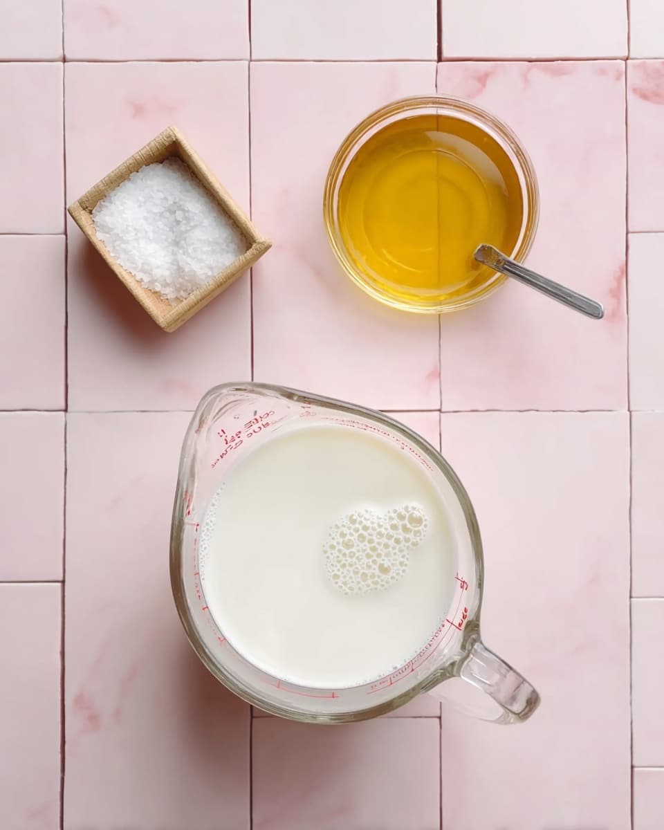 The image shows three clear glass containers placed on a white marbled surface with pink square tiles. The largest container is a measuring cup filled nearly to the top with white milk, having small bubbles on the surface. Above it is a small round bowl holding a golden yellow liquid. To the left of the bowl, there is a small white wooden square bowl containing white granulated salt with a silver spoon resting inside. The composition is clean and minimal. Photo taken with an iphone --ar 4:5 --v 7