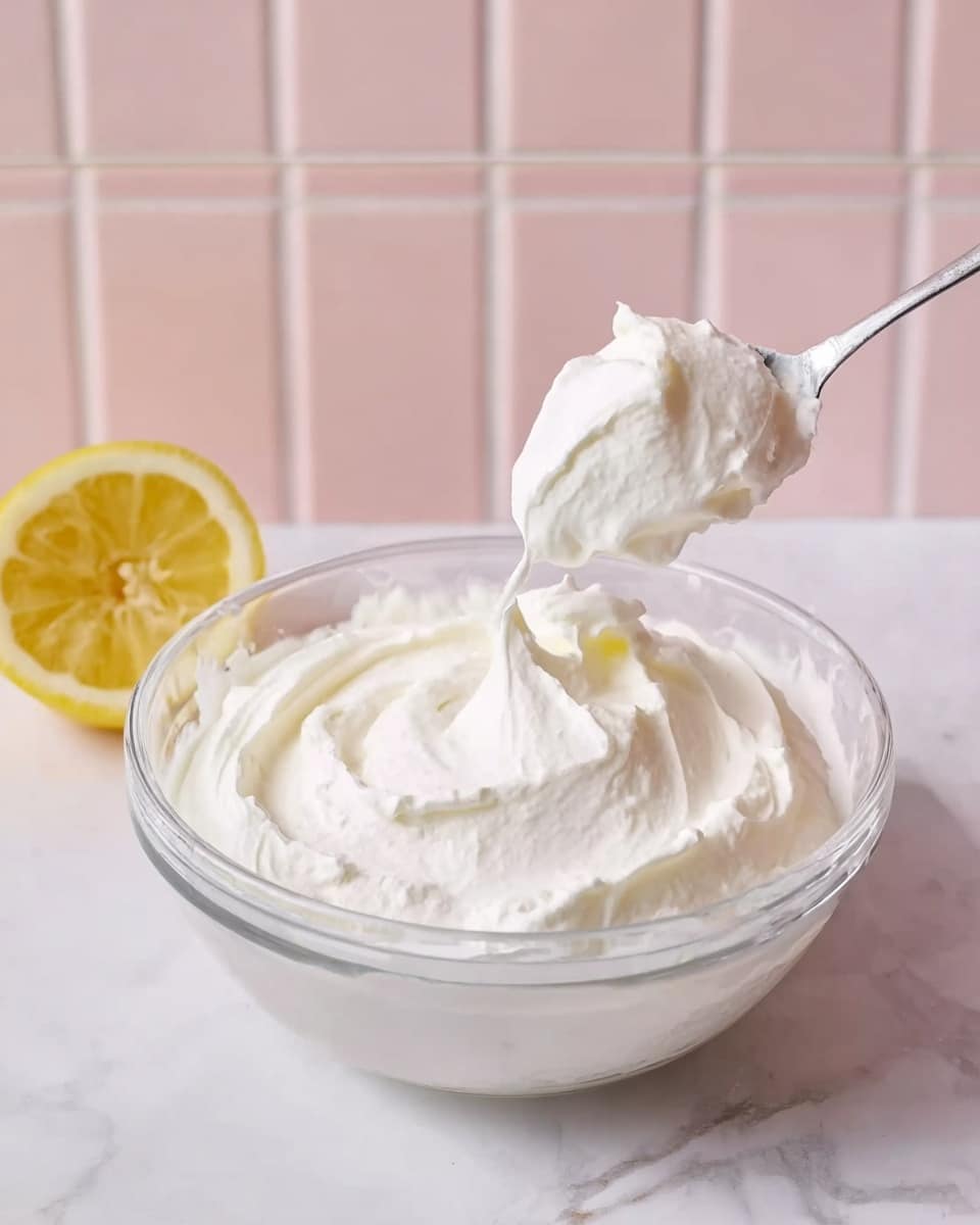 A clear glass bowl filled with thick, smooth white cream sits on a white marbled surface with a pale pink tiled background. A silver spoon lifts a dollop of the creamy mixture from the bowl, showing its soft and fluffy texture. To the left of the bowl, half a lemon is placed on the white marbled surface, adding a slight hint of yellow color to the scene. Photo taken with an iphone --ar 4:5 --v 7