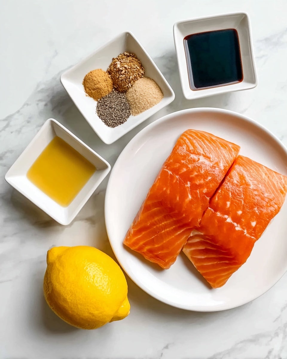 Two pieces of fresh raw salmon with bright orange color and smooth texture rest side by side on a white plate. Around the plate on a white marbled surface, four small square white dishes hold different ingredients: one has a dark soy-like liquid, another has a light yellow liquid, the third contains a pile of brown sugar, and the fourth holds mixed dry spices in light tan, black, and white. A whole yellow lemon sits near the plate, completing the setup for a fresh cooking preparation. photo taken with an iphone --ar 4:5 --v 7