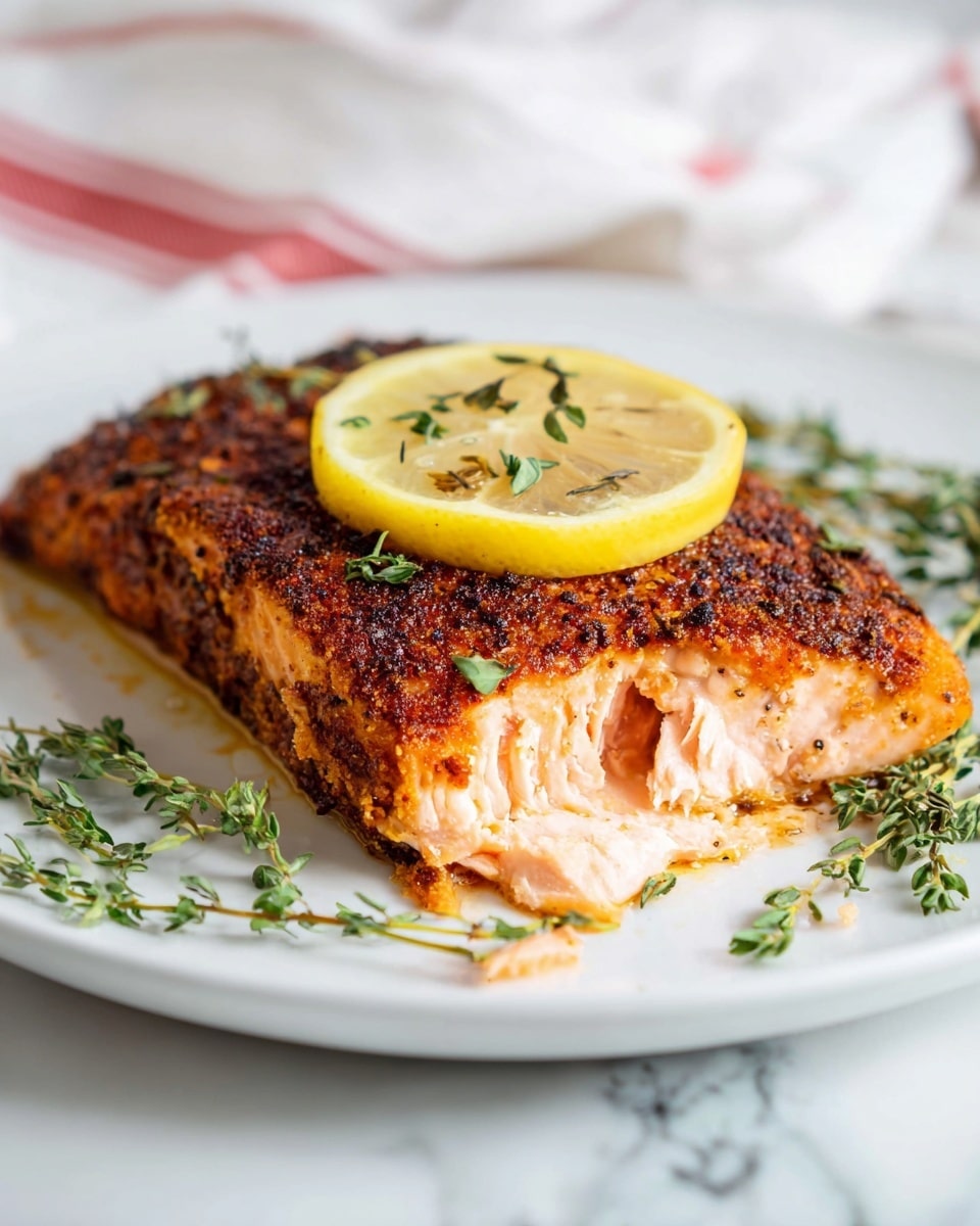 A cooked salmon fillet with a crispy, dark orange-brown seasoned crust sits on a white plate. The inside of the salmon is light pink and flaky, visible from a small open section on the side. On top of the fillet lies a single yellow lemon slice with tiny green herb leaves scattered on it. Around the salmon and on the plate are sprigs of fresh green thyme. The plate rests on a white marbled surface with a cloth showing red and white stripes blurred in the background. photo taken with an iphone --ar 4:5 --v 7