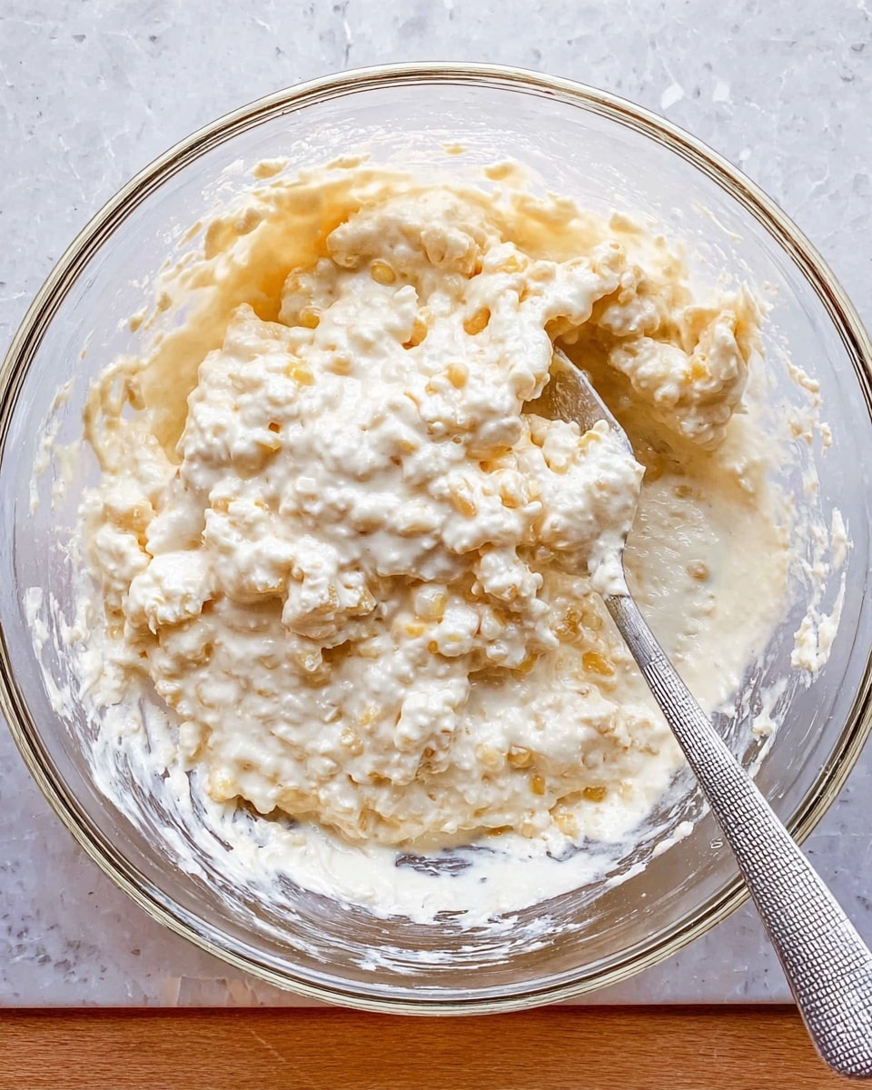 A clear glass bowl sits on a white marbled surface, filled with a creamy mixture that has a thick, chunky texture. The mixture is thick off-white with visible small pieces of light yellow corn evenly spread throughout. A silver spoon is partially buried in the bowl on the right side, with a textured handle reflecting light. The sides of the bowl show remnants of the creamy mixture, slightly smeared. Photo taken with an iphone --ar 4:5 --v 7