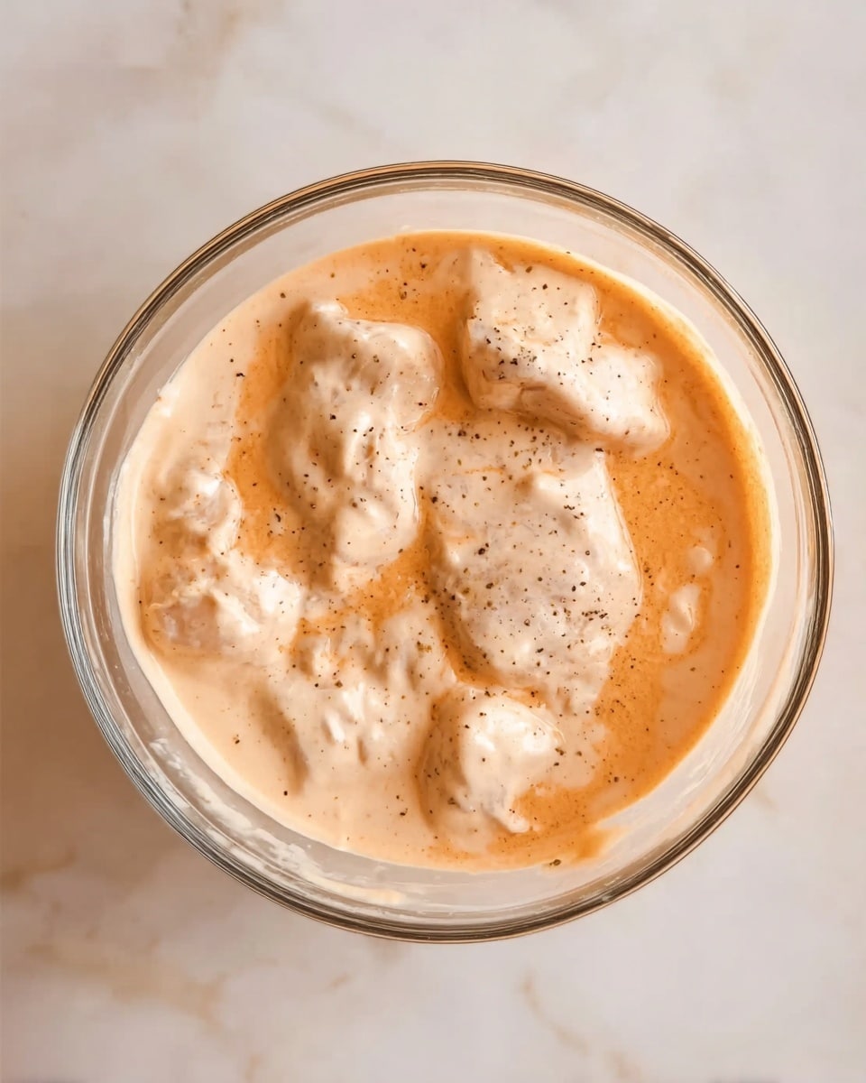 A clear glass bowl filled with a creamy, light orange sauce that has a smooth and slightly thick texture. Inside the sauce, there are several pieces of raw white meat fully covered by the sauce, with some specks of black pepper visible on top. The bowl is placed on a white marbled surface, showing the sauce and meat from above in soft, natural light. Photo taken with an iphone --ar 4:5 --v 7