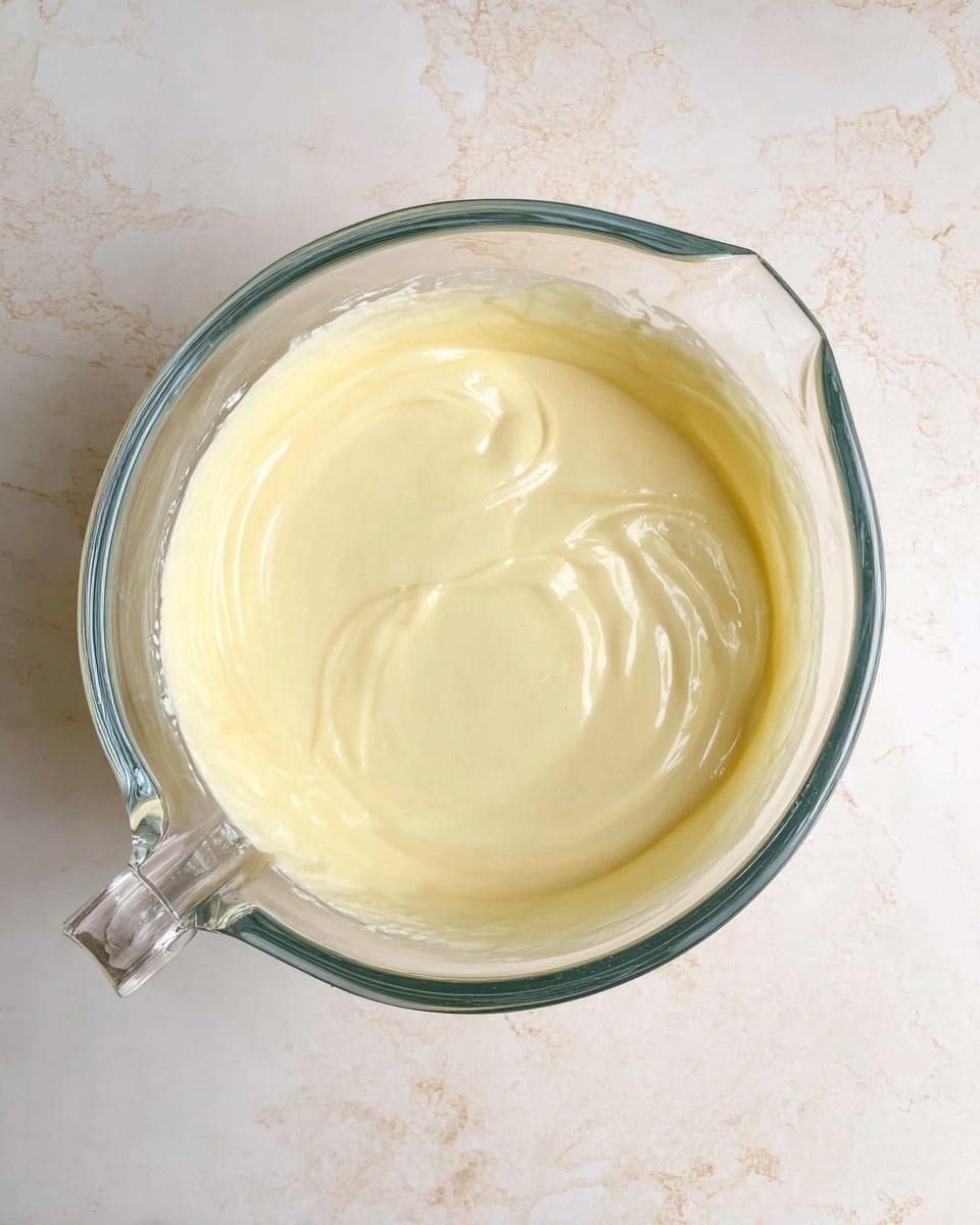 A clear glass bowl holds a smooth, creamy pale yellow mixture with a glossy surface and gentle swirls. The bowl has a spout on one side and a handle on the opposite side. The bowl is placed on a white marbled textured surface, adding a subtle elegant background to the simple and clean presentation of the mixture. photo taken with an iphone --ar 4:5 --v 7