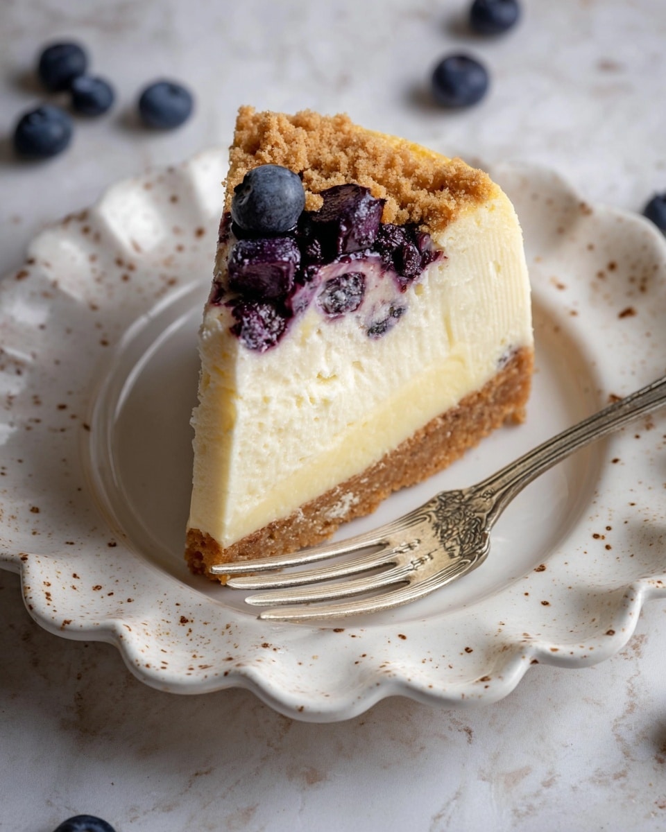 A slice of cheesecake with three layers is placed on a white, scalloped plate with brown speckles. The bottom layer is a thick, crumbly golden brown crust. The middle layer is smooth, creamy, and pale yellow cheesecake filling. The top layer has a few dark purple blueberry pieces mixed with a crumbly light brown topping. A silver fork with a vintage design rests on the plate next to the cheesecake. The plate is set on a white marbled surface with scattered blueberries around it. Photo taken with an iphone --ar 4:5 --v 7