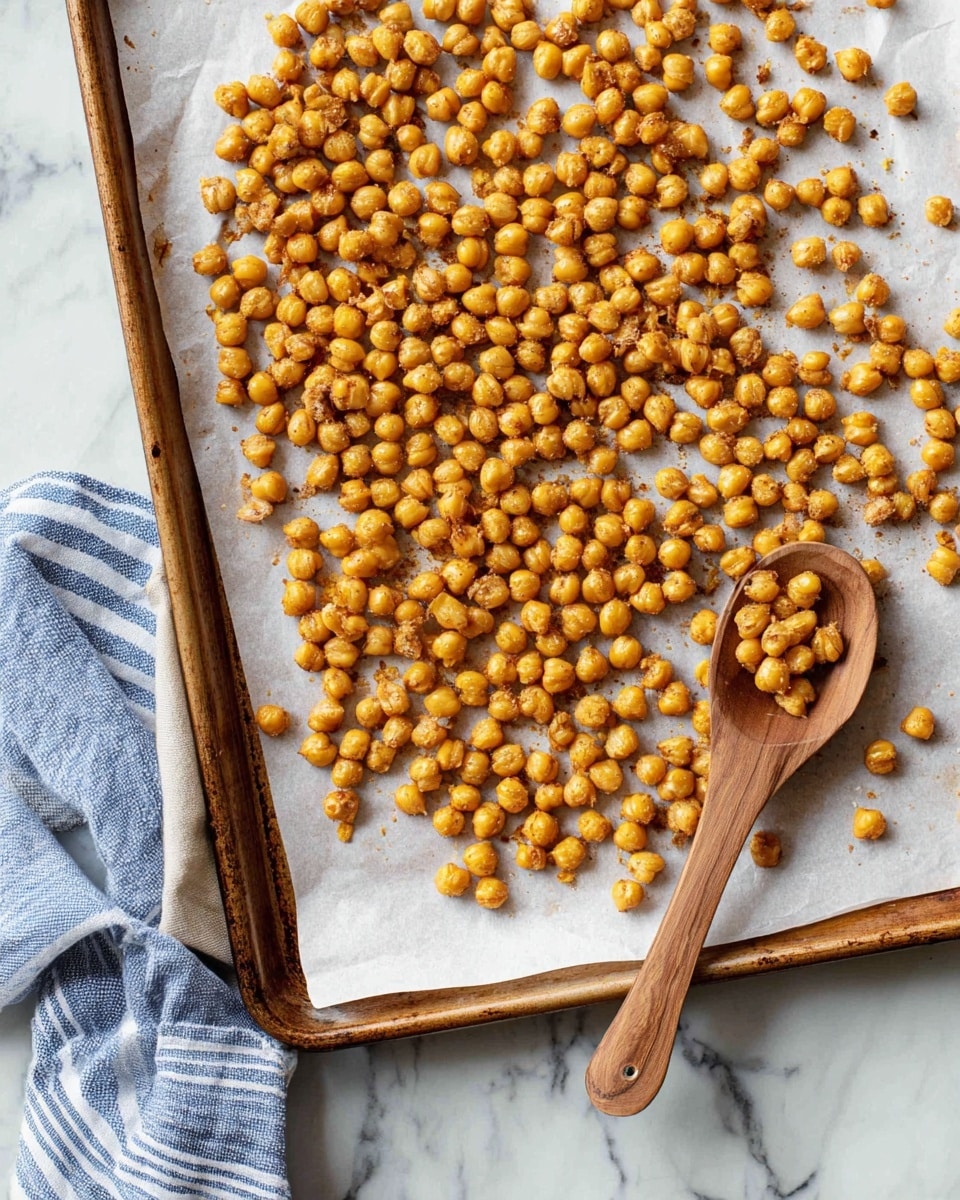 A baking tray lined with white parchment paper holds a large layer of roasted golden-brown chickpeas scattered around. On the right side of the tray, a wooden spoon rests on the parchment, filled with some of the roasted chickpeas. The entire tray is placed on a white marbled surface with a blue and white striped cloth slightly visible at the bottom left corner. The texture of the chickpeas looks slightly crunchy and crisp. photo taken with an iphone --ar 4:5 --v 7