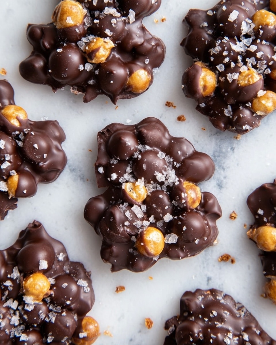 The image shows several small clusters of dark chocolate with round, golden pieces inside, each cluster irregularly shaped and placed on a white marbled surface. The top layer is shiny and smooth dark chocolate, lightly sprinkled with small white salt flakes that create a contrast. Each cluster has a textured look from the round pieces inside, which peek through the chocolate in a scattered pattern. The chocolate clusters are spread out across the surface with some small bits of chocolate and salt around them. photo taken with an iphone --ar 4:5 --v 7