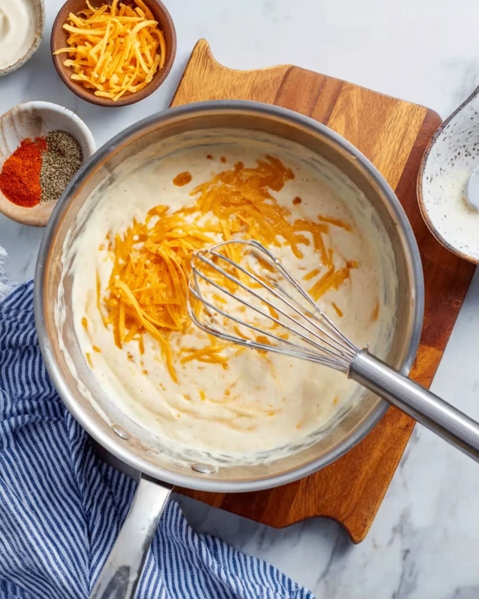 A metal pan filled with creamy white sauce topped with scattered thin strands of orange shredded cheese, with a silver whisk resting inside the pan partly dipped in the sauce; the pan is placed on a small wooden board, set on a white marbled surface with a blue and white striped cloth beside it, and small dishes partially visible on top corners with shredded cheese and a red spice. Photo taken with an iphone --ar 4:5 --v 7