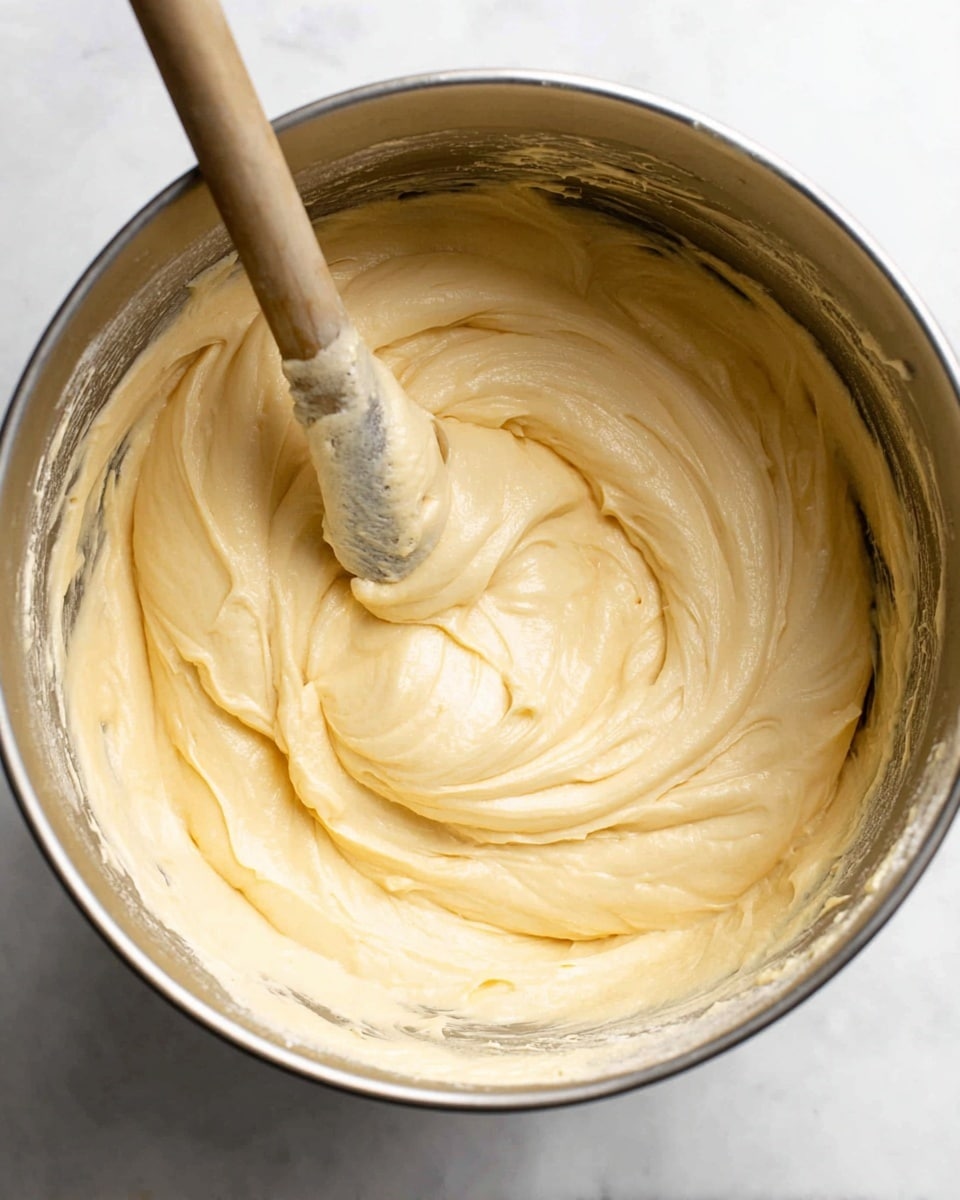 A close-up view inside a round silver mixing bowl filled with smooth, creamy light yellow batter with soft, fluffy texture. A wooden spatula is partially covered in batter, resting diagonally inside the bowl with some swirled marks visible around it. The bowl sits on a white marbled surface. Photo taken with an iphone --ar 4:5 --v 7