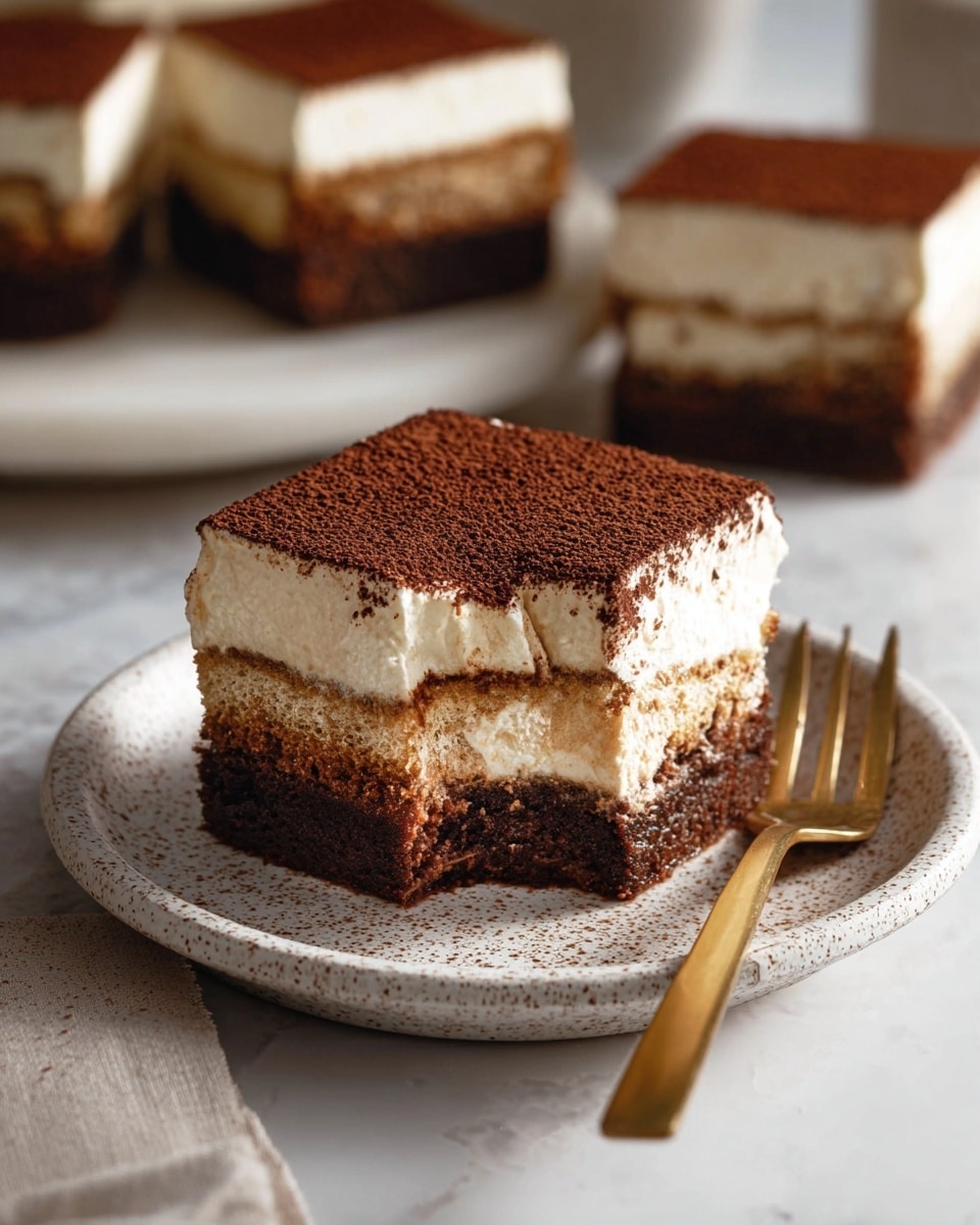 A square piece of layered dessert on a white speckled plate with a gold fork on the right side. The dessert has three layers: a dark brown bottom layer that is thick and dense, a middle light brown spongy layer, and a thick top layer of creamy white topped with a fine dusting of dark brown cocoa powder. The top edge shows a small bite taken out, revealing the soft texture inside. In the background, there are three more identical pieces of the same dessert on a white marbled surface, softly blurred. The photo taken with an iphone --ar 4:5 --v 7