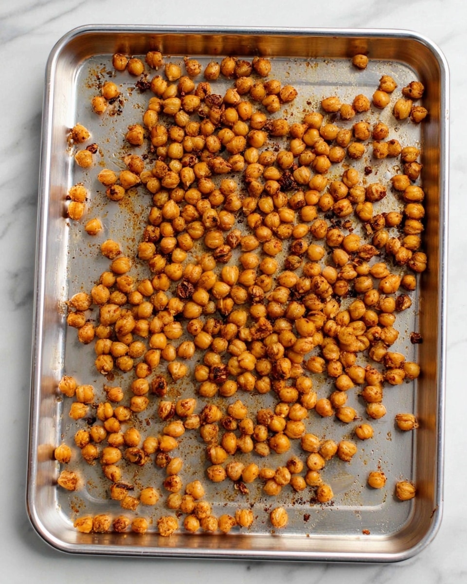 A single large silver baking tray filled with one layer of small round roasted chickpeas that are golden brown and slightly darker in some places showing crispiness, with some little burnt bits scattered across the tray. The tray sits on a white marbled surface. photo taken with an iphone --ar 4:5 --v 7