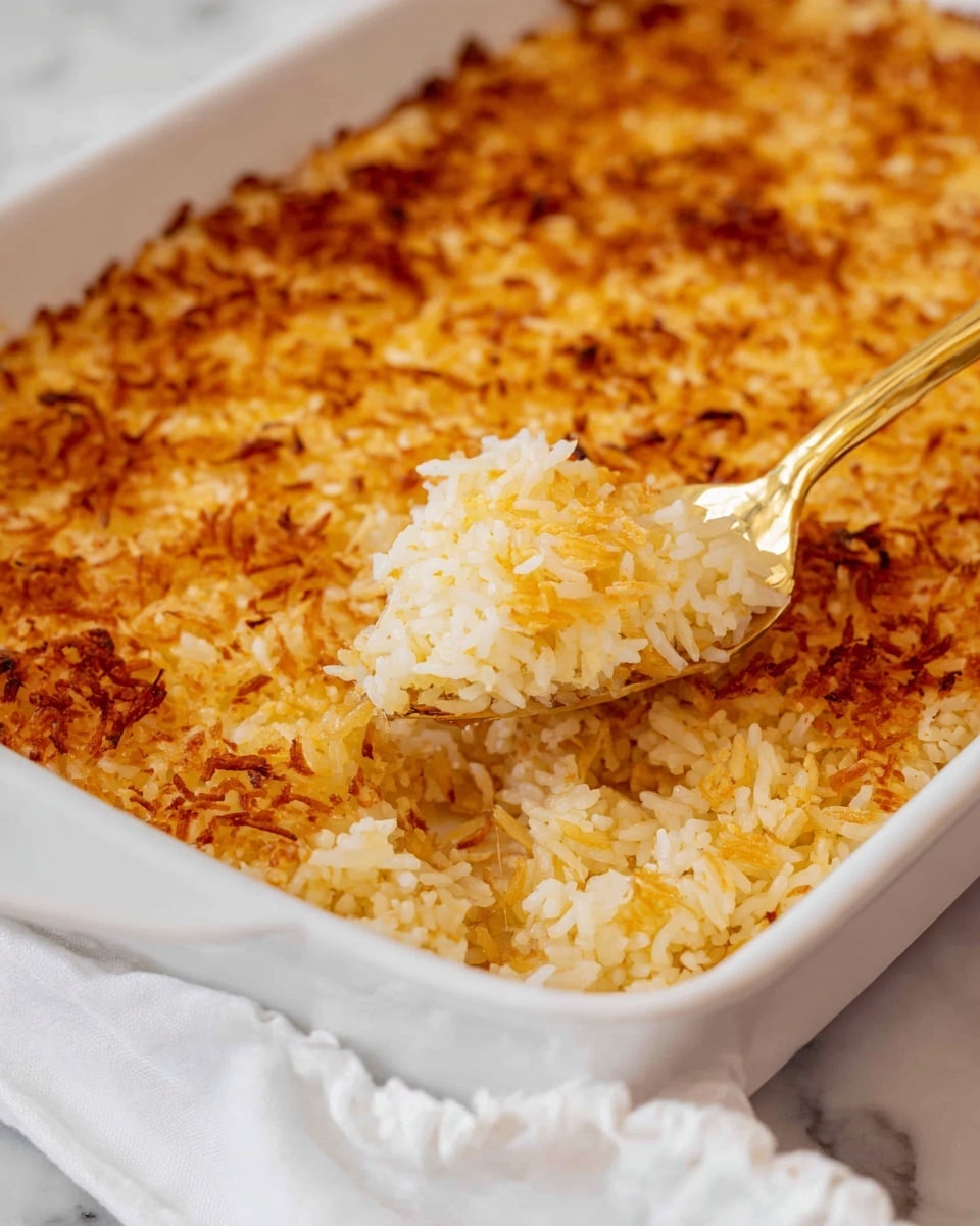 A close-up view of a white rectangular baking dish filled with cooked rice topped with a golden brown crispy layer, which covers the whole surface evenly. A gold-colored fork is scooping some rice from the dish, showing soft white rice grains mixed with pieces of the crispy golden layer. The baking dish sits on a white marbled surface with a white cloth partly visible at the bottom. The overall look shows a contrast between the soft rice and the crunchy textured crust. Photo taken with an iphone --ar 4:5 --v 7
