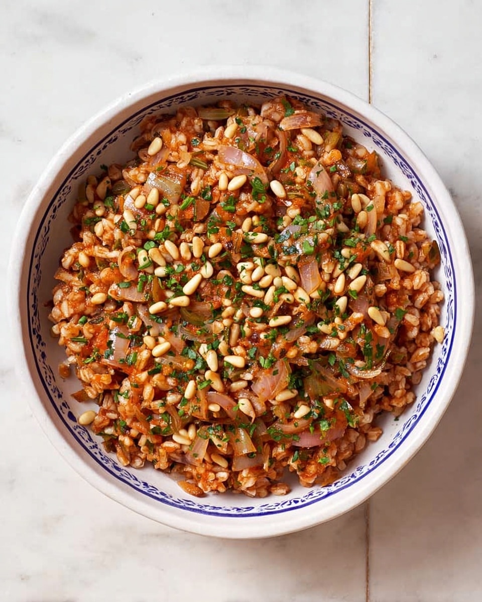 A bowl filled with a mixed dish showing two main layers: the bottom is a white bowl on a white marbled surface, and the top layer is a rich mix of cooked grains and small pieces of vegetables. The grains are light beige and look soft, mixed with small toasted pine nuts that are light brown. There are pieces of cooked onion in light pink and translucent with green chopped herbs scattered evenly throughout. The whole mix has a light reddish color from the sauce coating the grains and vegetables, giving it a textured and hearty look. photo taken with an iphone --ar 4:5 --v 7
