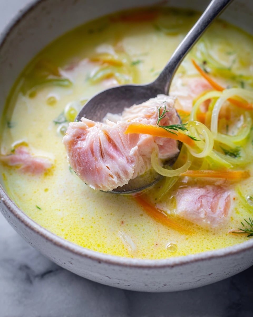 A close-up shot of creamy yellow soup in a white bowl with a slightly rough texture visible on the bowl’s edge. The soup has several layers: chunks of pale pink fish with visible soft texture, thin orange carrot sticks, and thinly sliced light green spirals of what looks like leek or onion floating on top. There is also a hint of green herbs partially submerged beneath the surface. A metal spoon scoops up a large piece of the pink fish, showing its tender, layered texture clearly. The background is a white marbled surface. Photo taken with an iphone --ar 4:5 --v 7