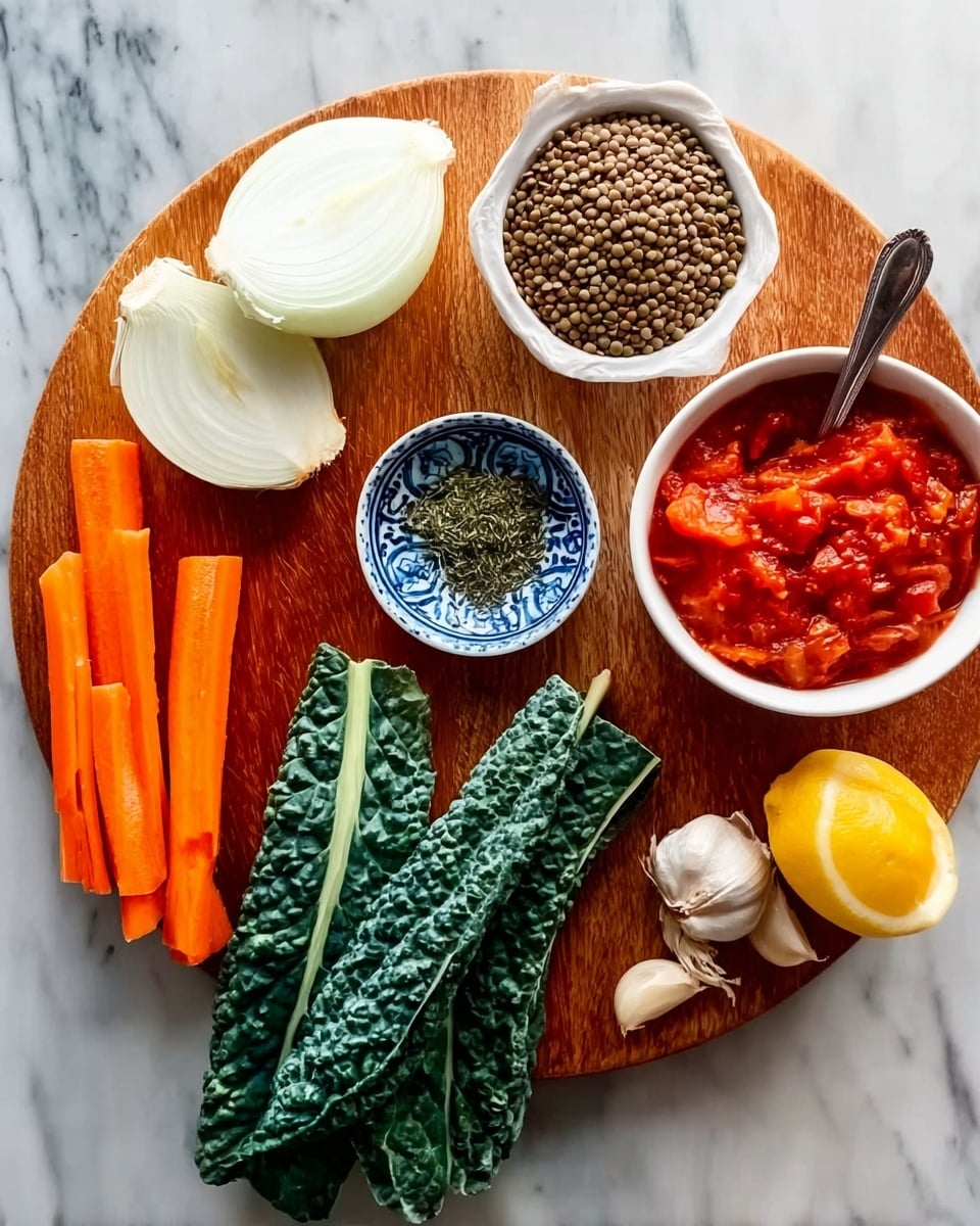 A top view of a wooden round board showing fresh ingredients arranged neatly: two halves of a white onion sit on opposite sides, a small white bowl filled with dry lentils and a spoon rests at the top right, a blue and white patterned small bowl with green dried herbs and spices placed near the center, three large green leafy kale stalks are laid horizontally alongside two whole orange carrots. Nearby, a white bowl filled with red chopped tomatoes is placed on the white marbled surface. A half lemon and a garlic bulb with various cloves are also visible on the marble background. Photo taken with an iphone --ar 4:5 --v 7