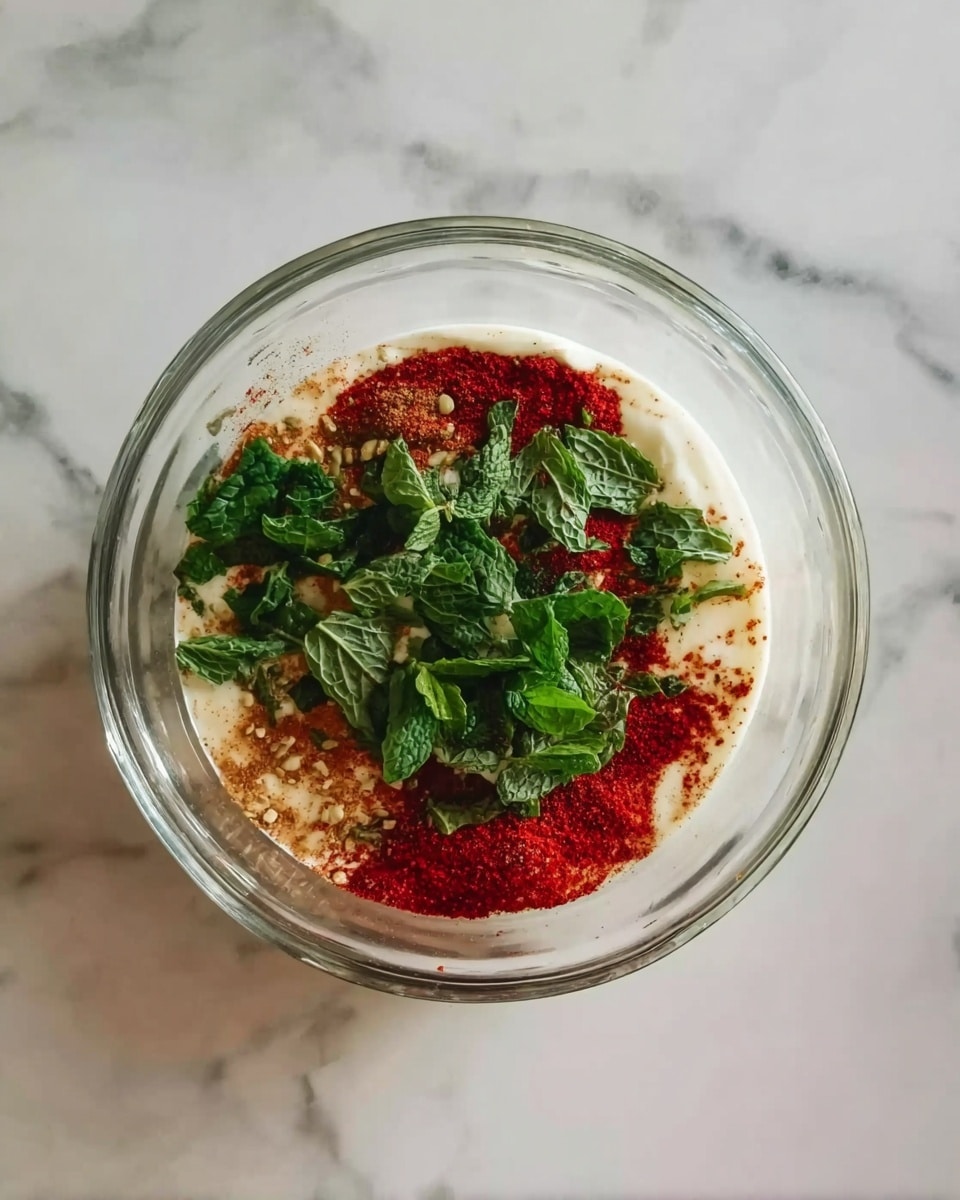 A clear glass bowl sits on a white marbled surface. Inside the bowl, there are several layers: a creamy white base, topped with bright red powder, fresh green mint leaves scattered unevenly on top, and some small touches of a light brown powder sprinkled around. The mixture looks fresh and colorful, ready to be mixed together. Photo taken with an iphone --ar 4:5 --v 7