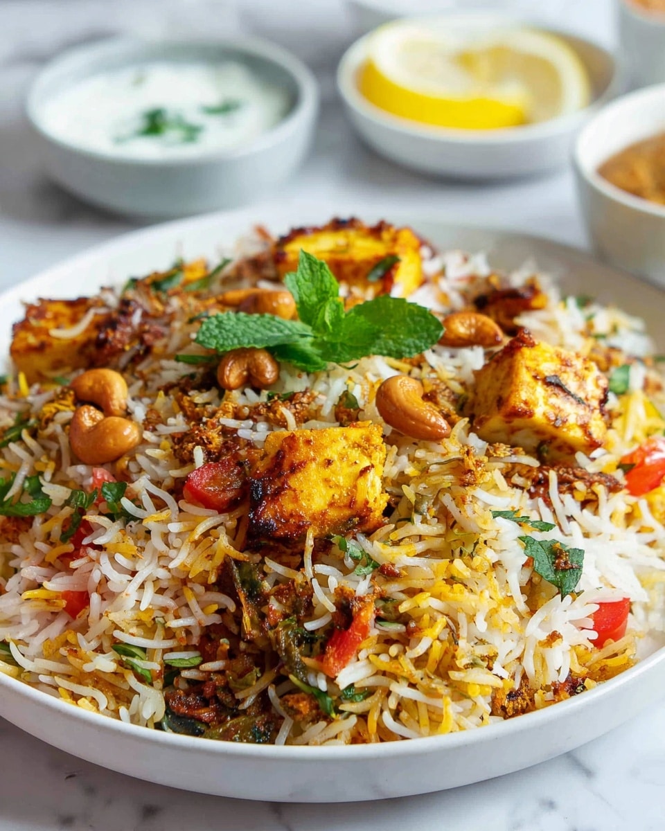 A white plate is filled with a colorful biryani rice dish showing multiple layers: long white and yellow spiced rice grains mixed with pieces of golden brown spiced paneer, red bell pepper chunks, cashew nuts, and caramelized onions scattered throughout. Fresh green herbs are sprinkled on top, with a small sprig of mint placed in the center. The background features a white marbled surface with blurred white bowls holding slices of lemon and a yogurt-based sauce. Photo taken with an iphone --ar 4:5 --v 7