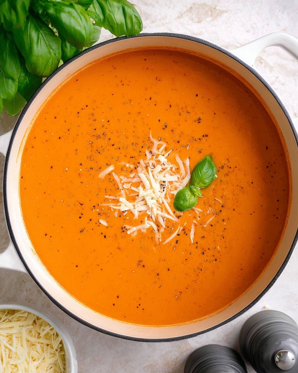 A large white pot filled with smooth, bright orange soup topped with small pieces of shredded white cheese and a sprinkle of black pepper in the center. Two small fresh green basil leaves rest gently on the soup's surface near the top left. The pot sits on a white marbled surface with a bunch of fresh green basil leaves visible in the top left corner and a white bowl filled with shredded cheese at the bottom left. Two black and gray pepper grinders are placed side by side at the bottom right corner. Photo taken with an iphone --ar 4:5 --v 7