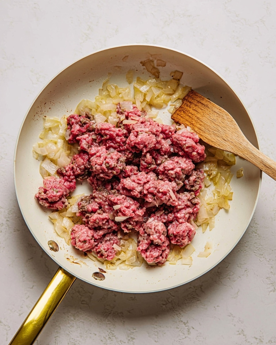 The image shows a white frying pan with a golden handle on a white marbled surface, containing two main layers: at the bottom, there are cooked translucent chopped onions with a slightly soft texture and a light golden color, and on top of them, there are chunks of raw ground beef with a mix of bright red and rich darker pink shades, showing an uneven, coarse texture. A wooden spatula is placed inside the pan, touching the beef near the bottom right side of the pan. photo taken with an iphone --ar 4:5 --v 7